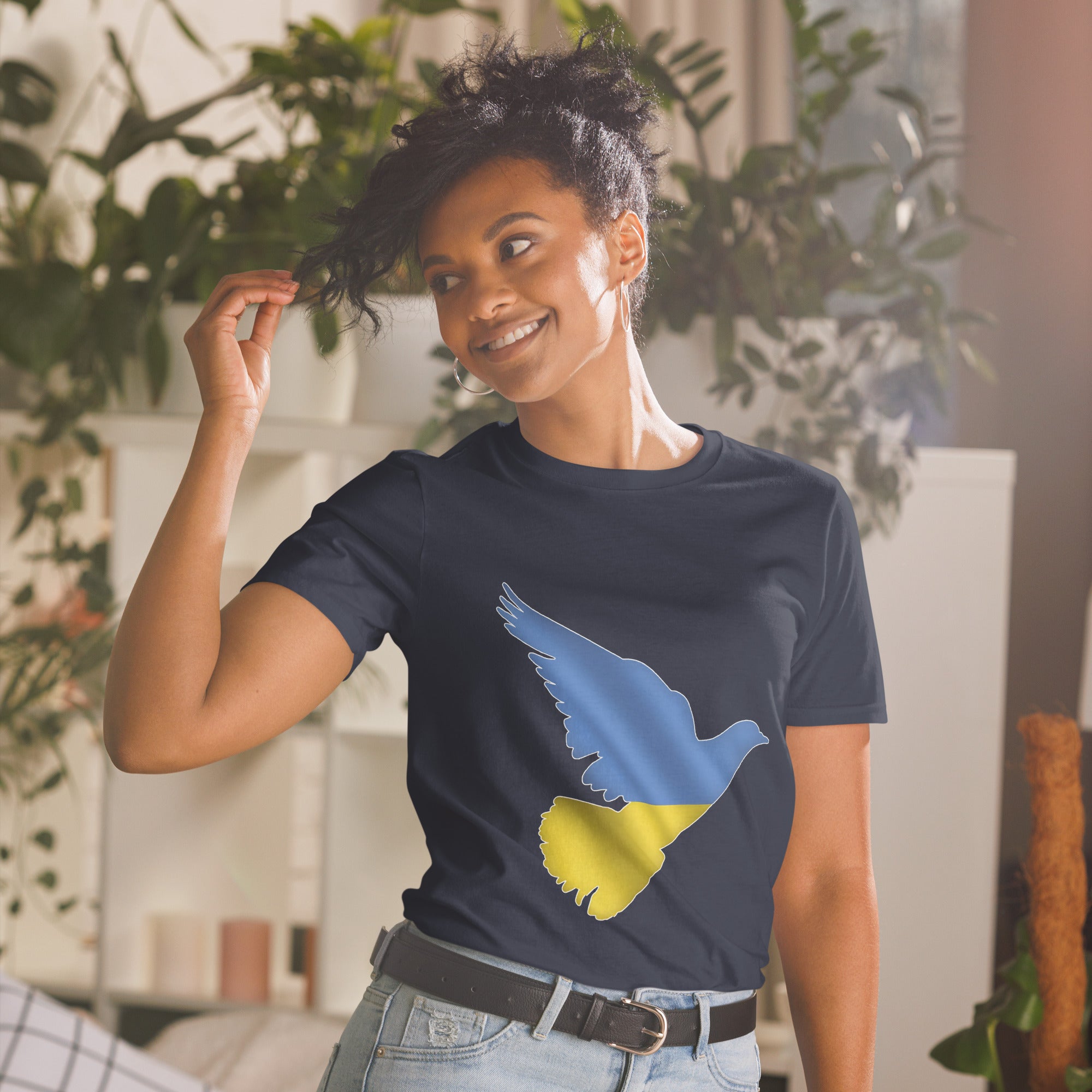 Peace in Ukraine Dove over the Ukrainian Flag Short-Sleeve Unisex T-Shirt - navy front