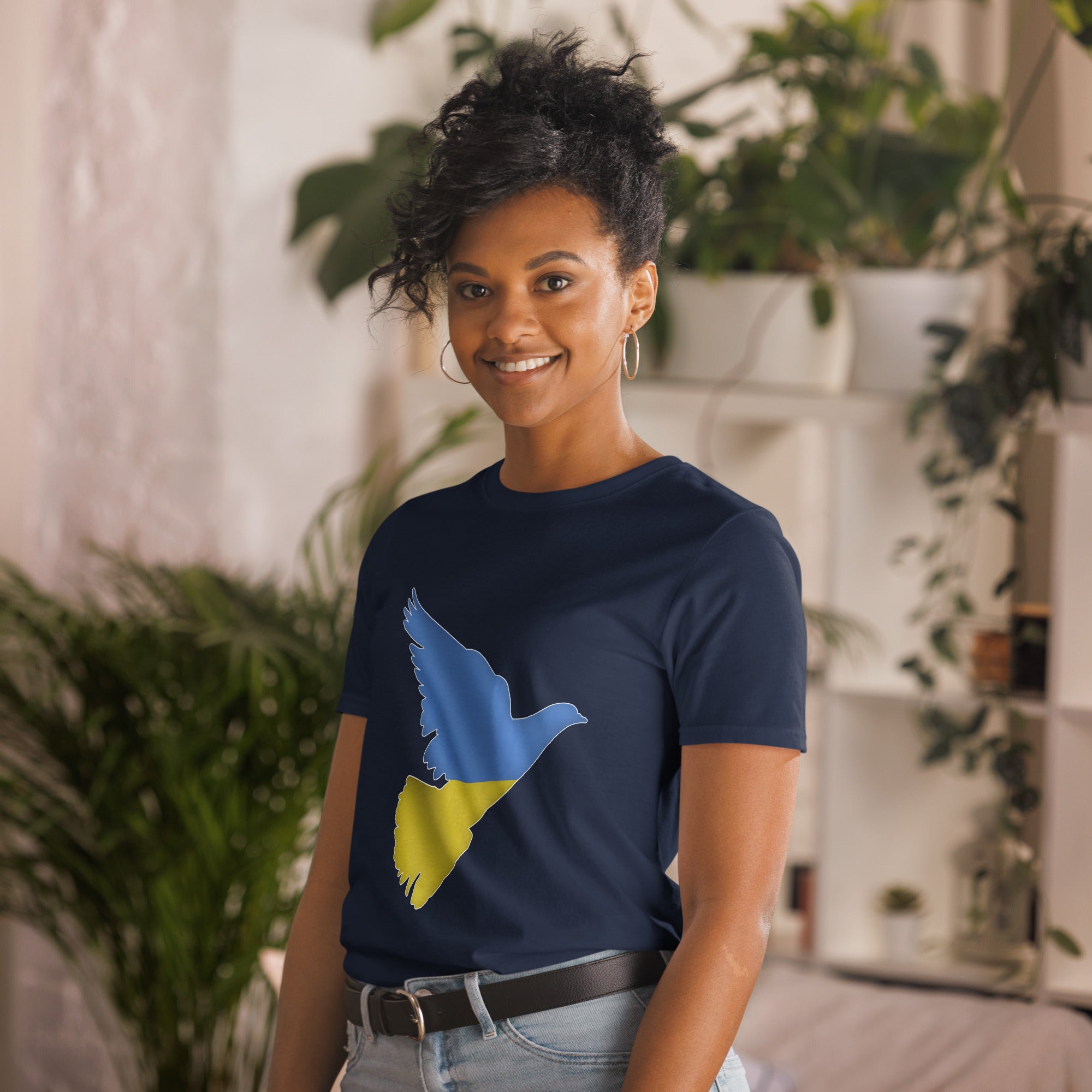 Peace in Ukraine Dove over the Ukrainian Flag Short-Sleeve Unisex T-Shirt - navy left front