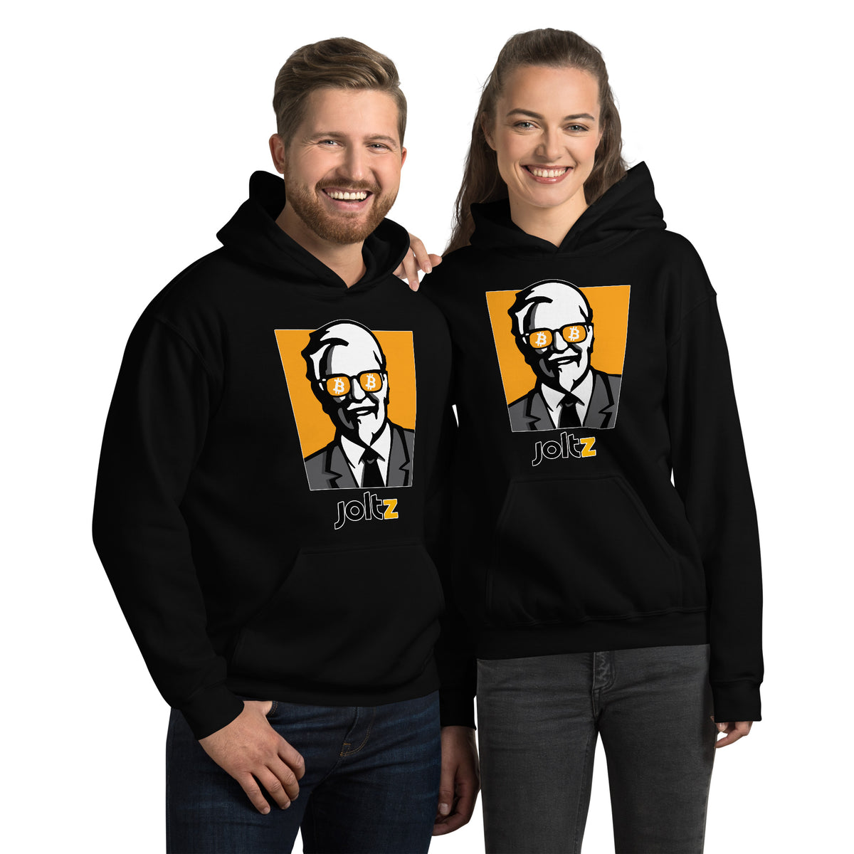 JOLTZ Rewards | Colonel with Bitcoin Glasses - young coupe wearing Black Unisex Hoodie | By PhilanthroBit