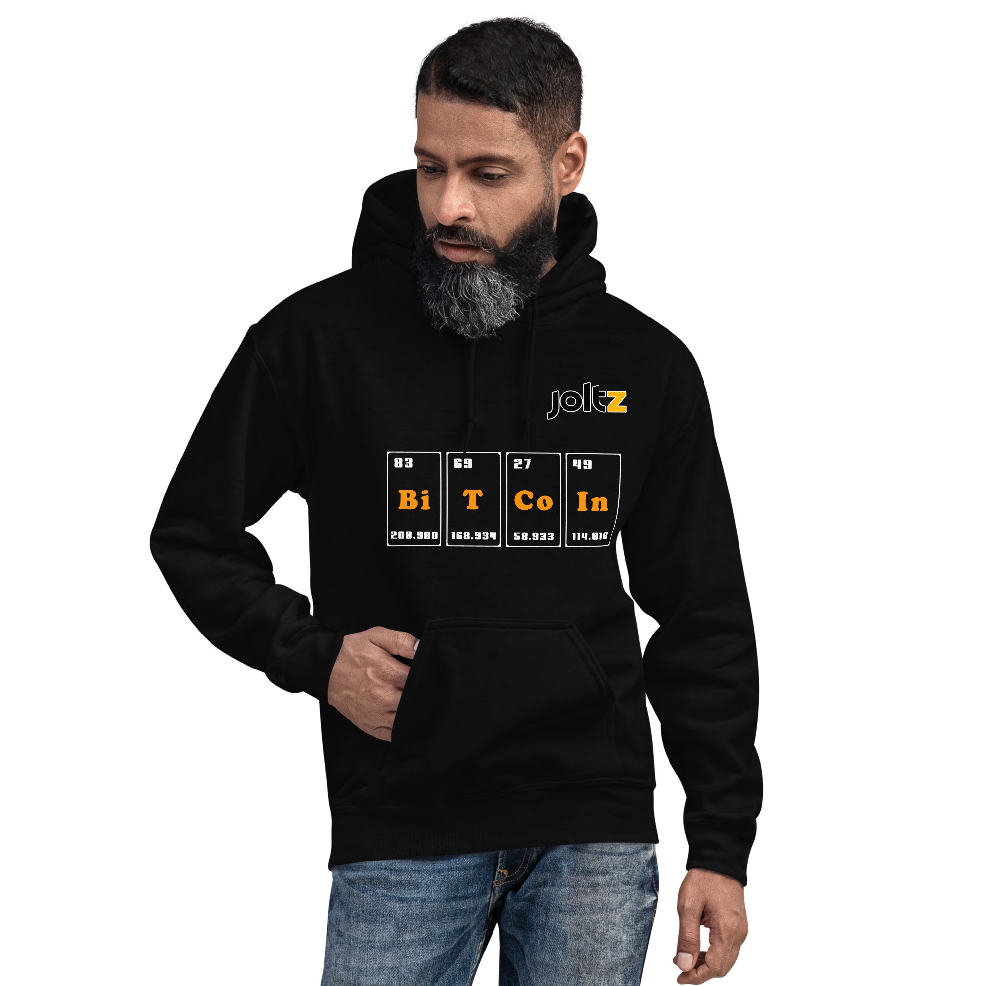 Joltz Rewards black color Unisex Bitcoin Periodic Table Unisex Hoodie worn by a young black man | By PhilanthroBit