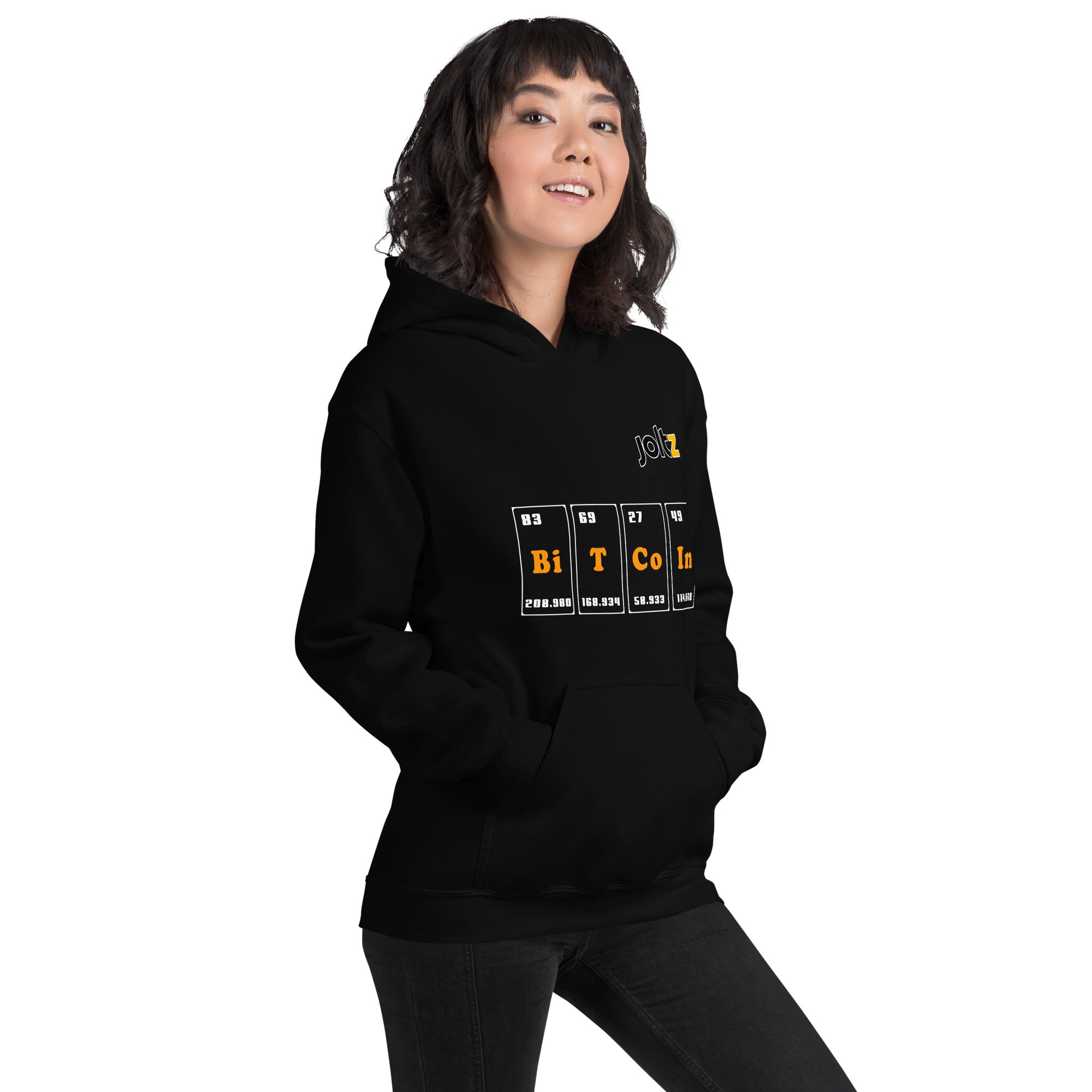 Joltz Rewards black color Unisex Bitcoin Periodic Table Unisex Hoodie worn by a young woman | By PhilanthroBit