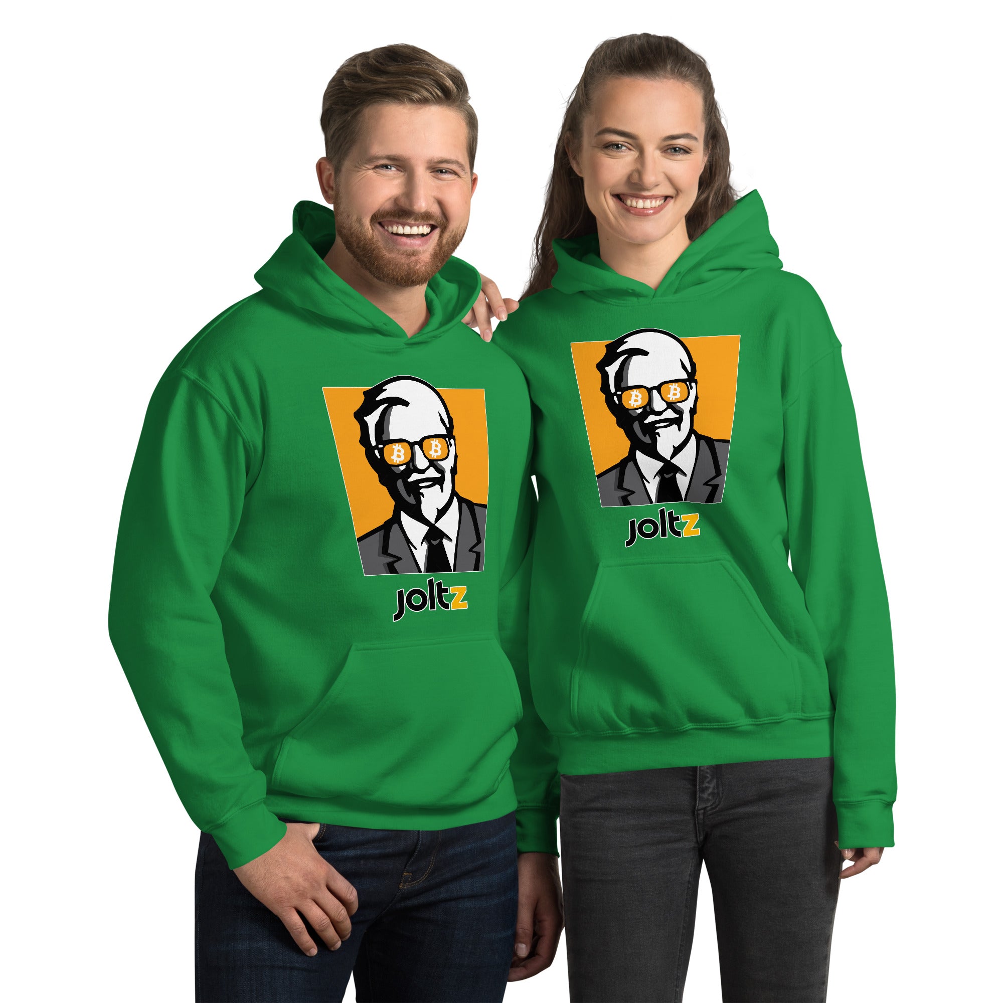 JOLTZ Rewards | Colonel with Bitcoin Glasses - young coupe wearing Irish Green Unisex Hoodie | By PhilanthroBit