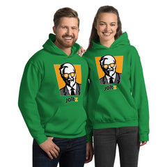 JOLTZ Rewards | Colonel with Bitcoin Glasses - young coupe wearing Irish Green Unisex Hoodie | By PhilanthroBit