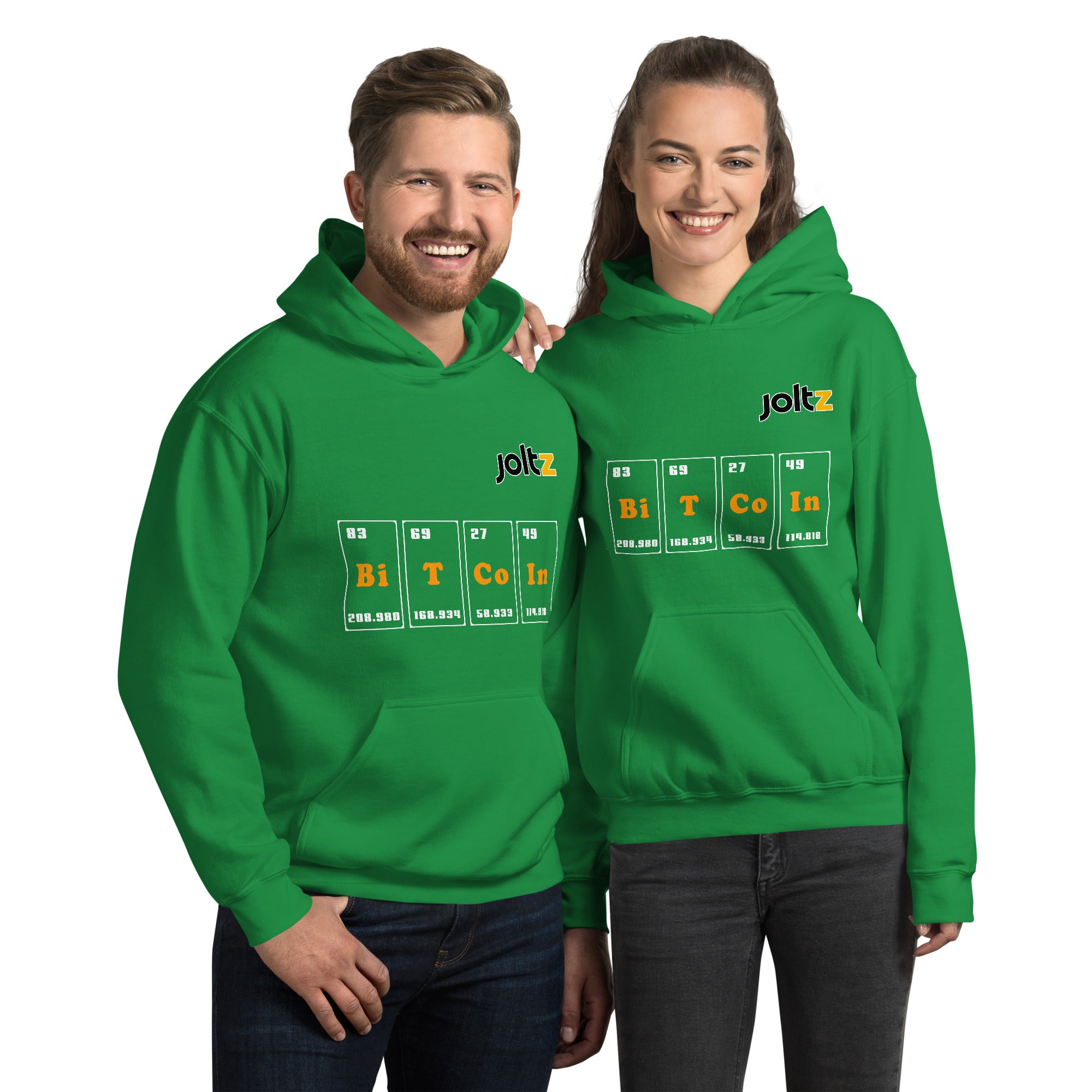 Joltz Rewards irish green color Unisex Bitcoin Periodic Table Unisex Hoodie worn by a young man and woman | By PhilanthroBit