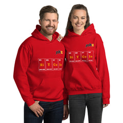 Joltz Rewards red color Unisex Bitcoin Periodic Table Unisex Hoodie worn by a young man and woman | By PhilanthroBit