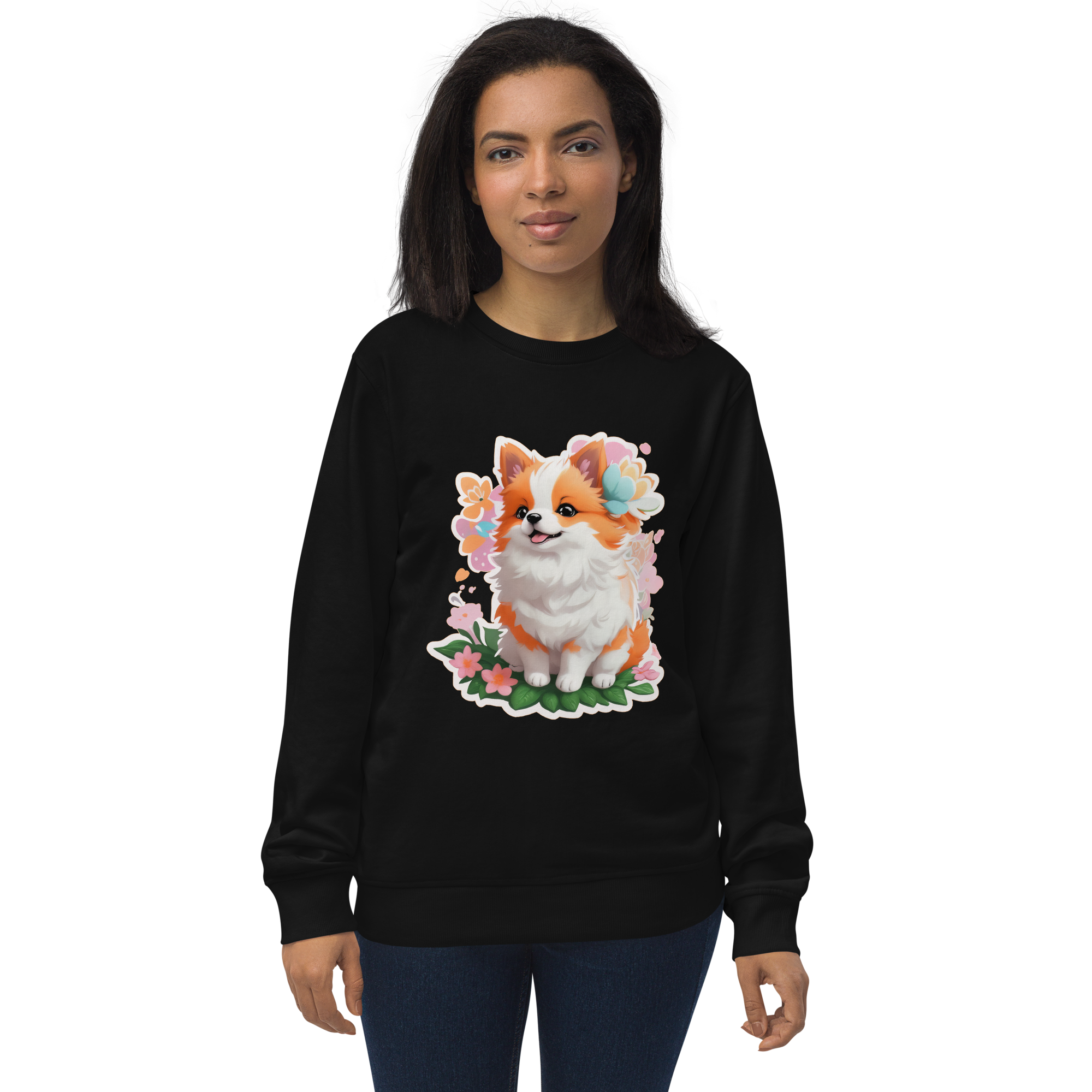 Adorit's Adorable Puppy Unisex Eco organic black sweatshirt - front 2 | By PhilanthroBit