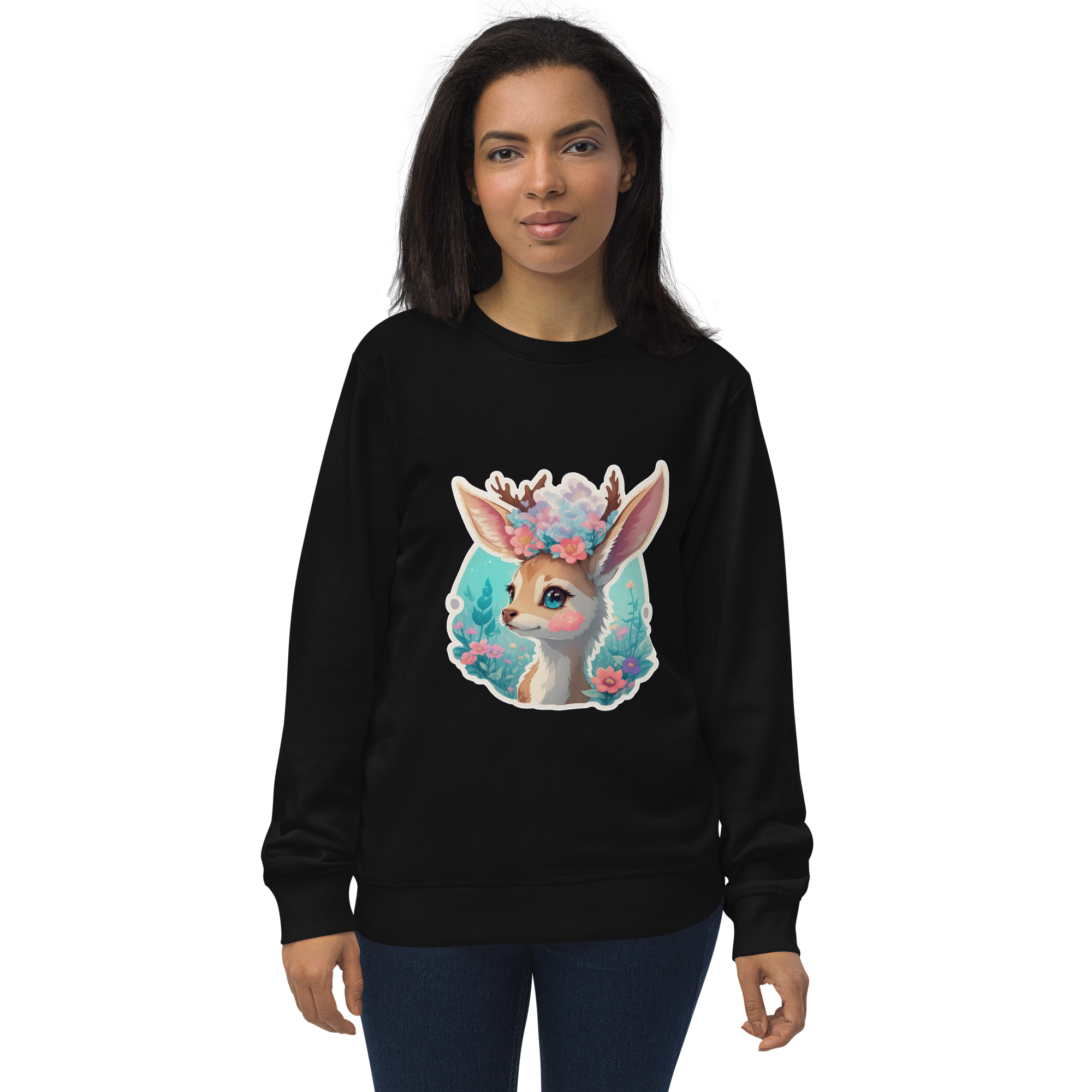 Adorit's Adorable Fawn with Flowers Unisex black organic sweatshirt - front