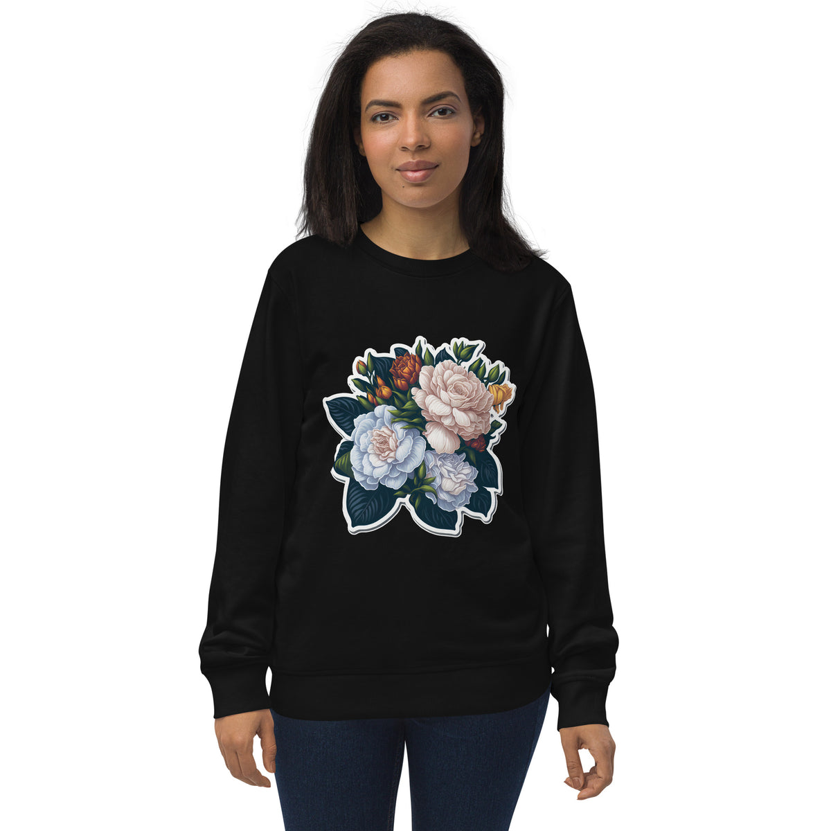 Adorit's Gardenias Bouquet Unisex 100% organic sweatshirt - black front | By PhilanthroBit