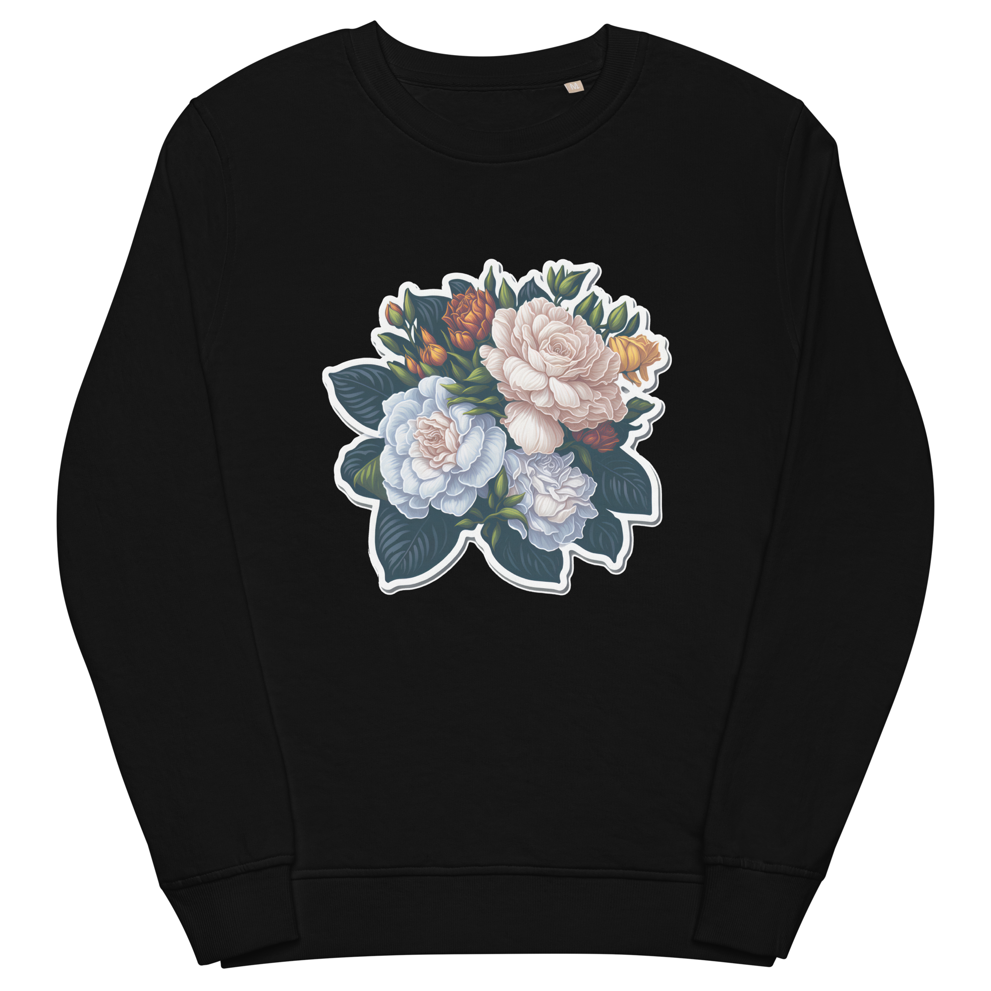 Adorit's Gardenias Bouquet Unisex 100% organic sweatshirt - black front 2 | By PhilanthroBit