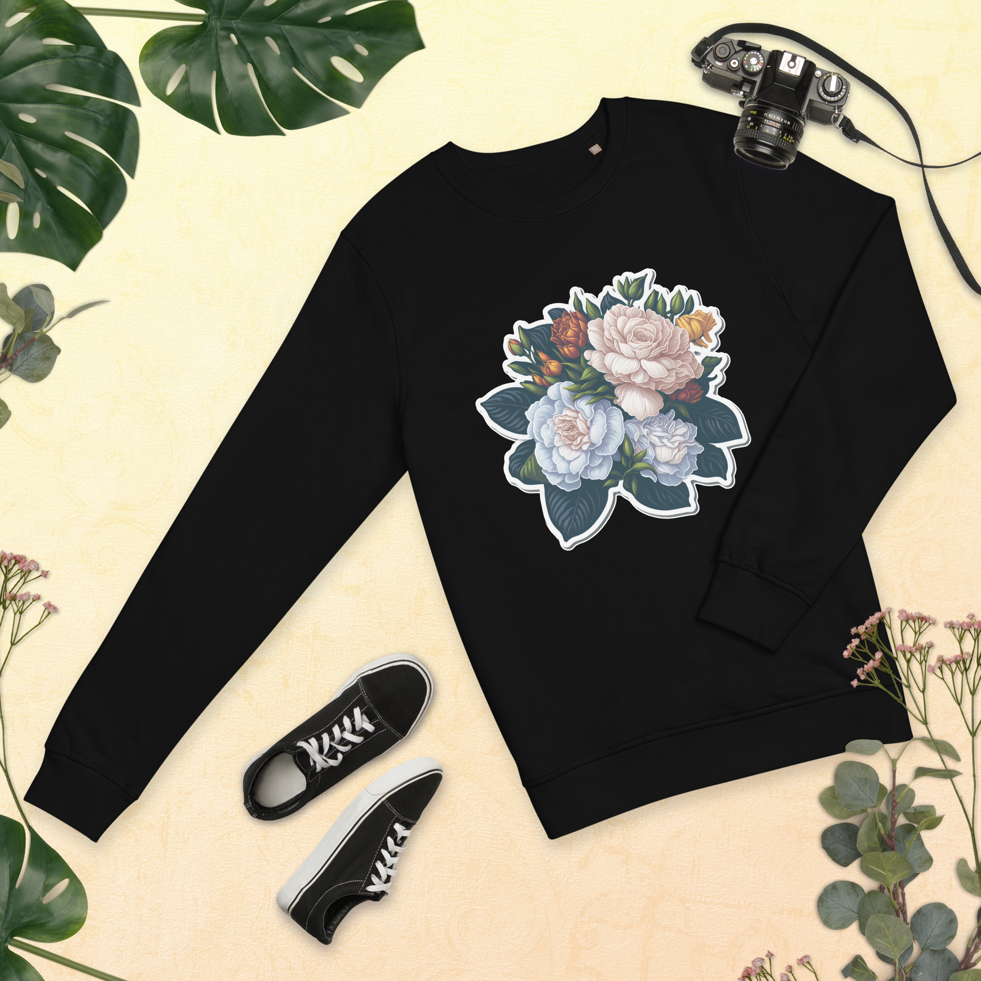 Adorit's Gardenias Bouquet Unisex 100% organic sweatshirt - black front 3 | By PhilanthroBit