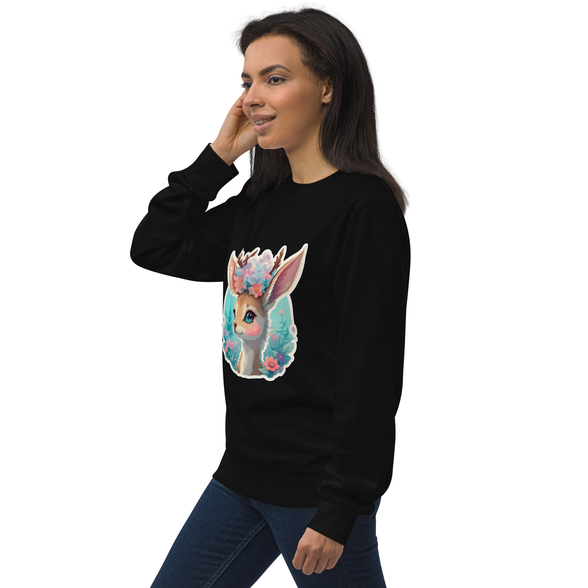 Adorit's Adorable Fawn with Flowers Unisex black organic sweatshirt - left front