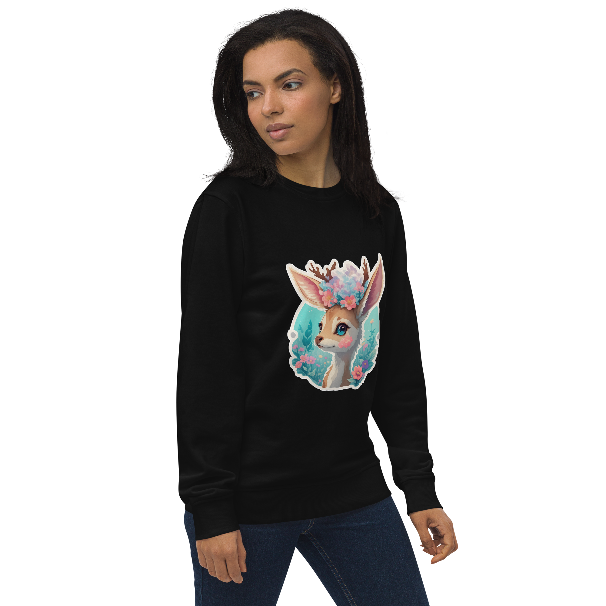 Adorit's Adorable Fawn with Flowers Unisex black organic sweatshirt - right front