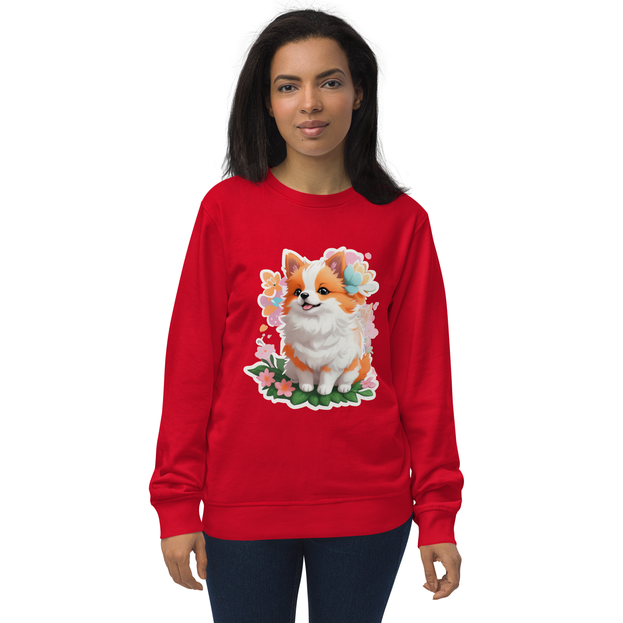 Adorit's Adorable Puppy Unisex Eco organic red sweatshirt - front 2 | By PhilanthroBit