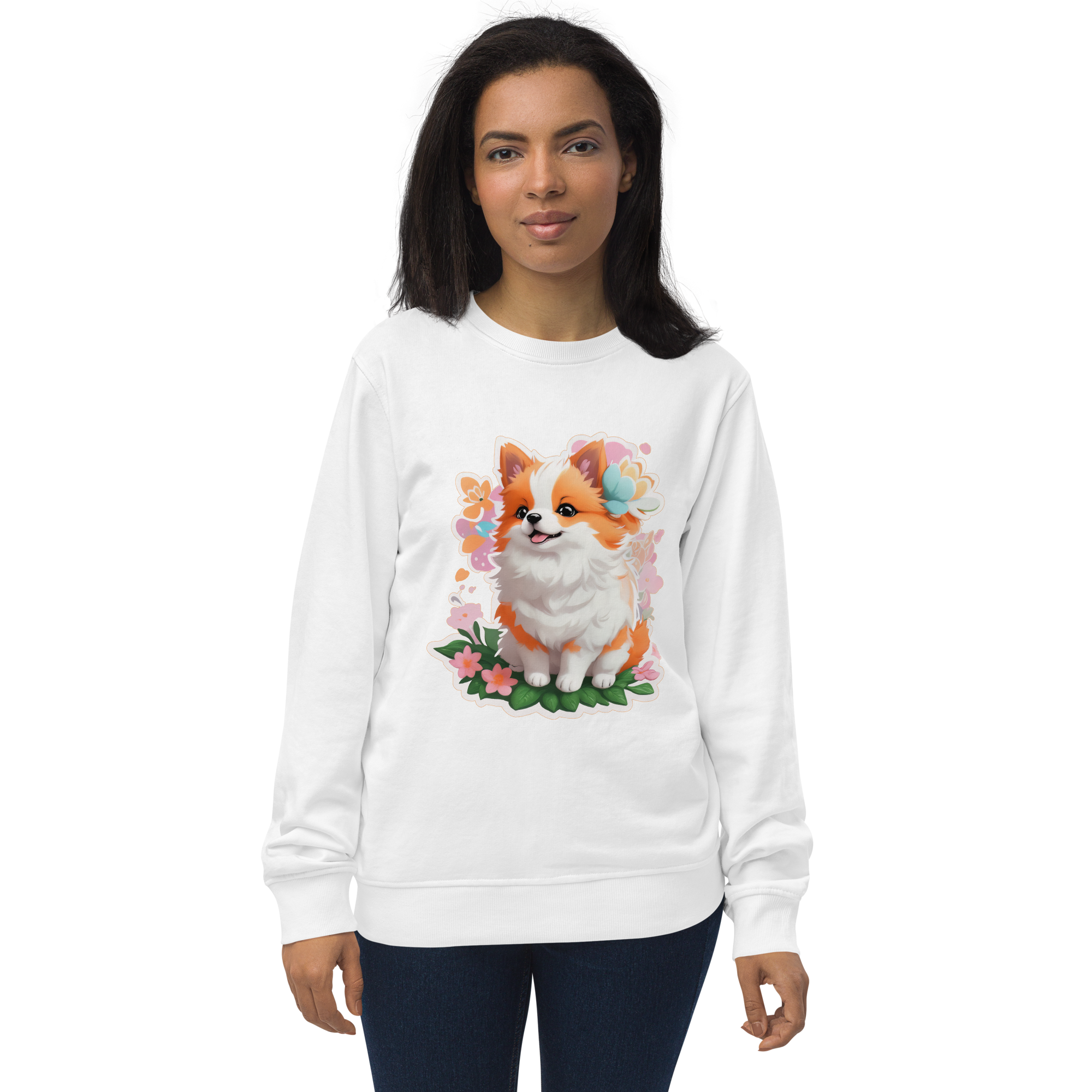 Adorit's Adorable Puppy Unisex Eco organic white sweatshirt - front 2 | By PhilanthroBit