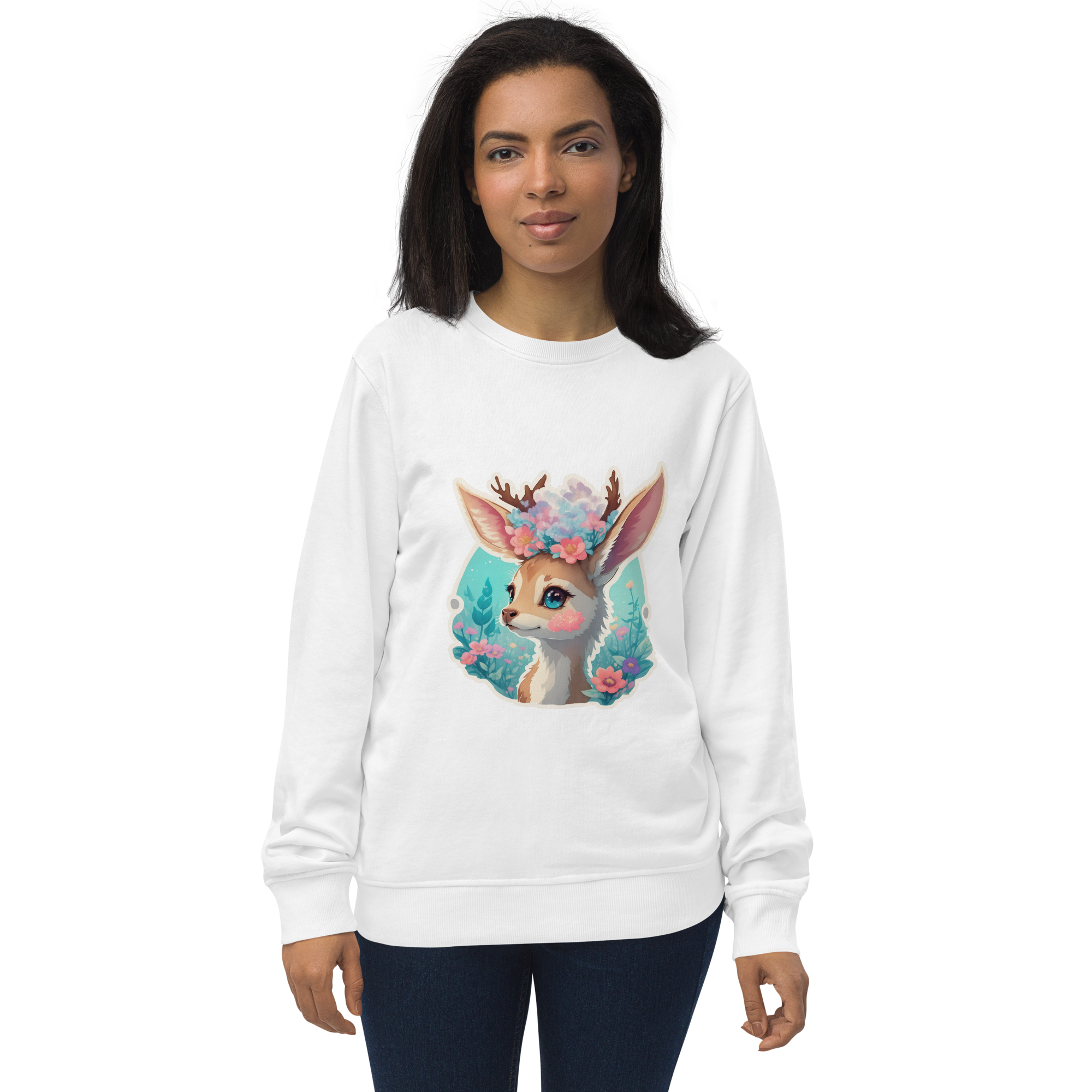 Adorit's Adorable Fawn with Flowers Unisex white organic sweatshirt - front