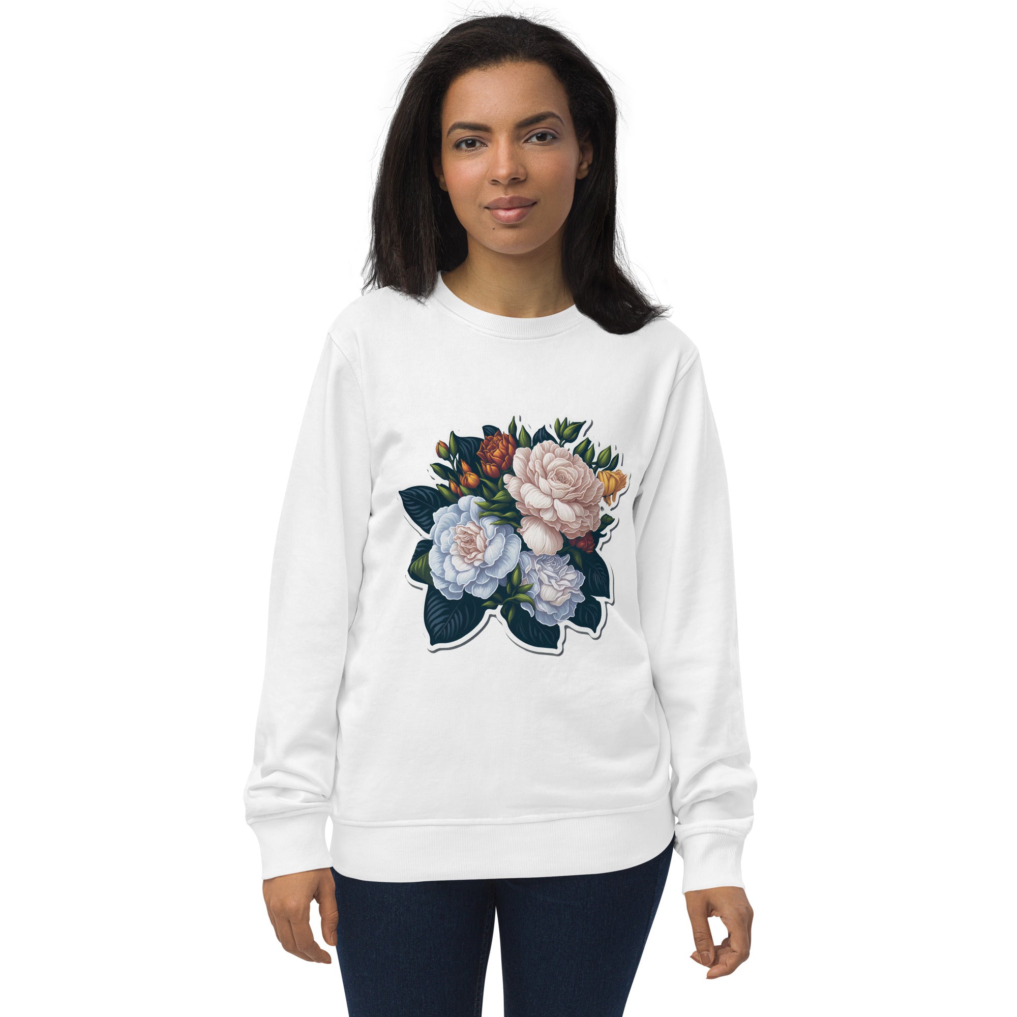 Adorit's Gardenias Bouquet Unisex 100% organic sweatshirt - white front | By PhilanthroBit