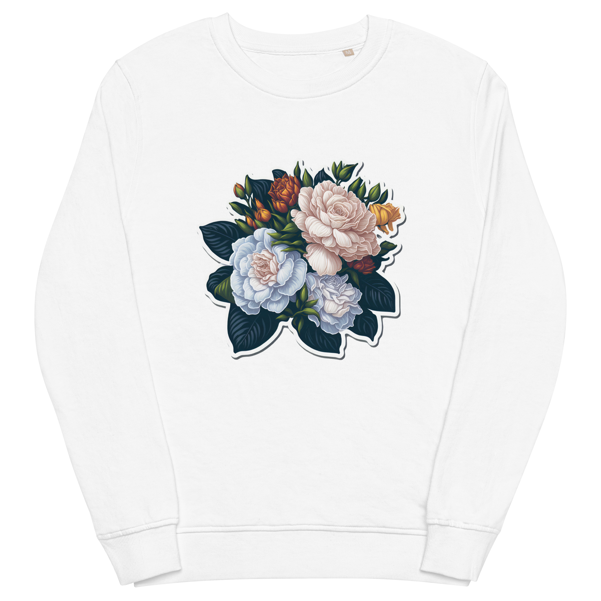 Adorit's Gardenias Bouquet Unisex 100% organic sweatshirt - white front 2 | By PhilanthroBit