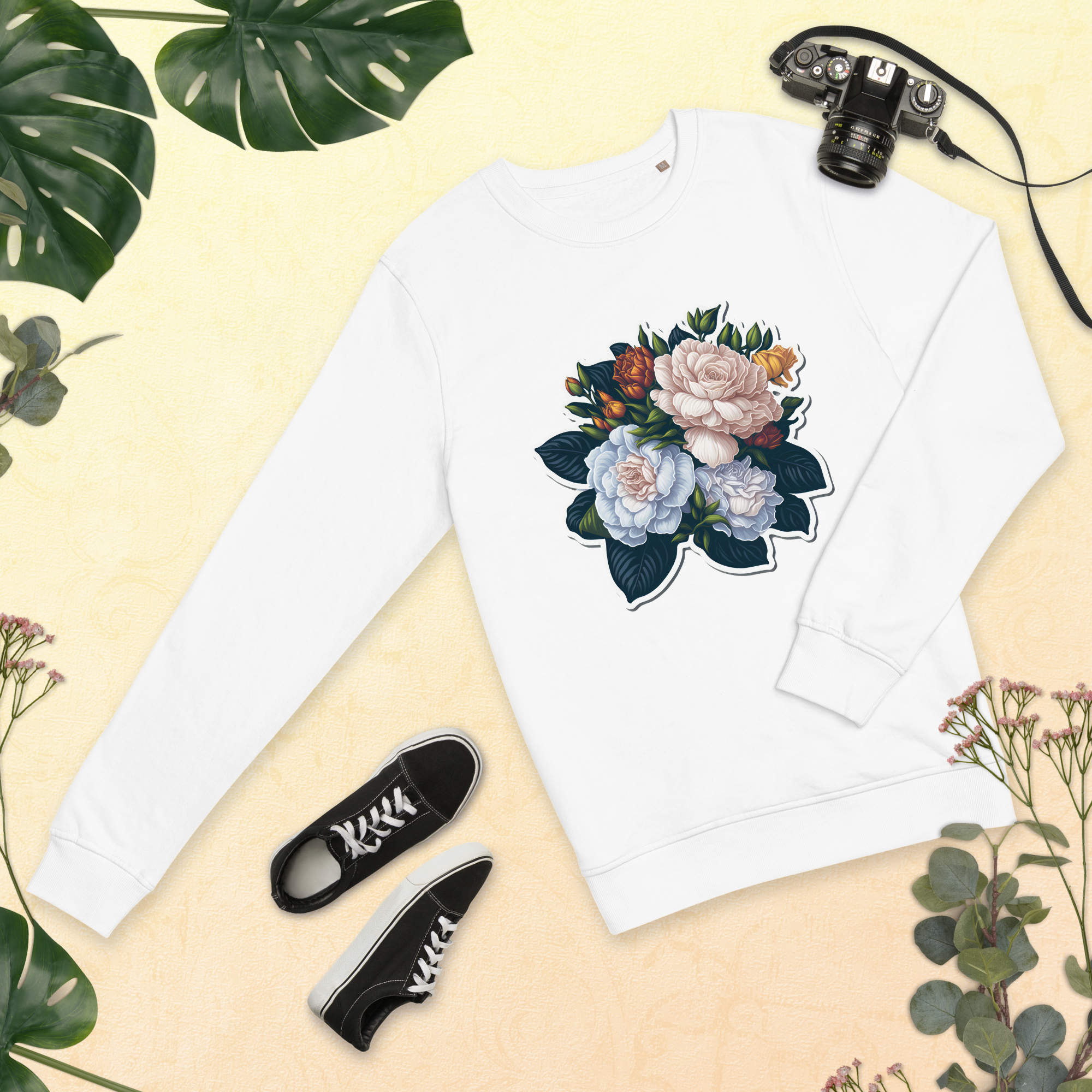 Adorit's Gardenias Bouquet Unisex 100% organic sweatshirt - white front 3 | By PhilanthroBit