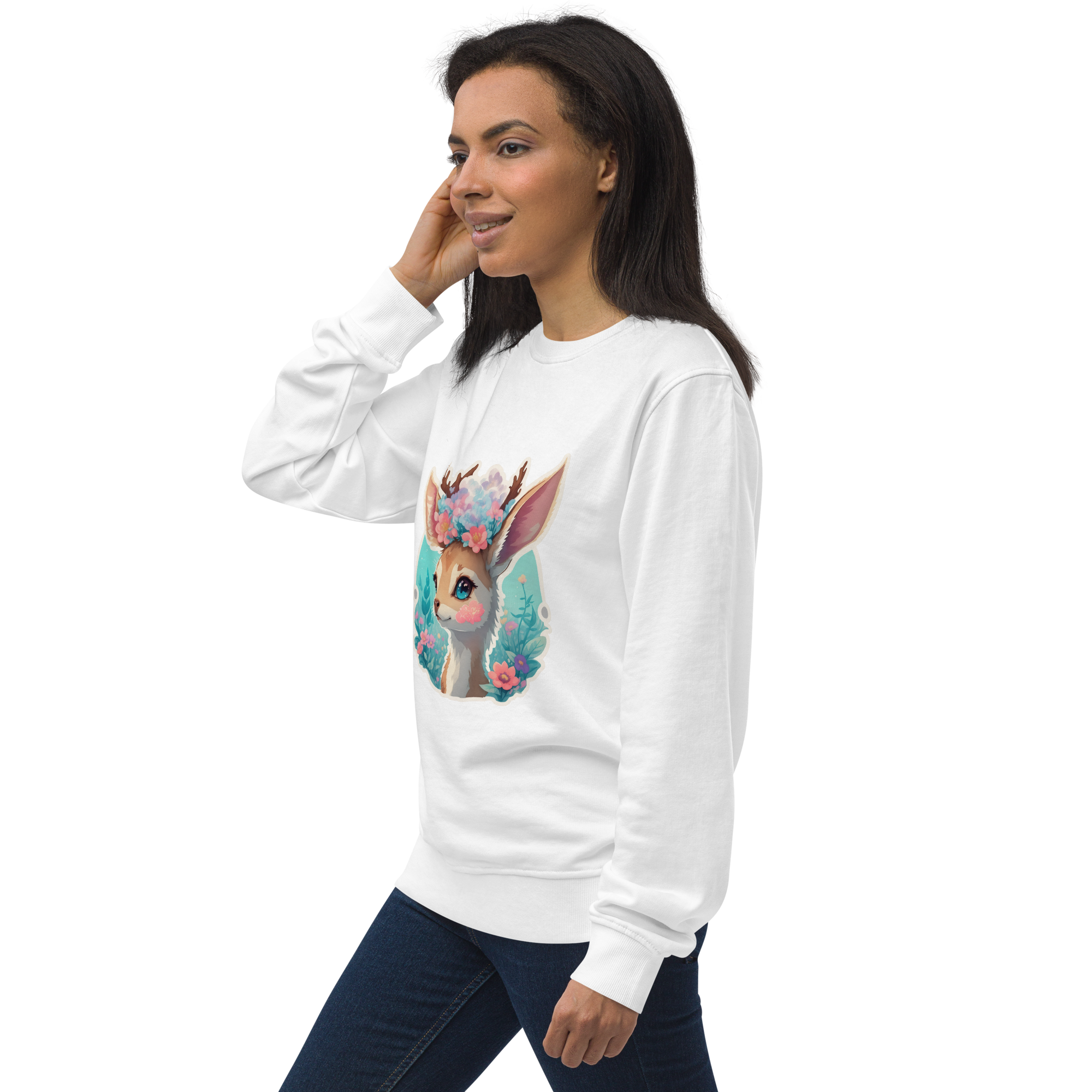 Adorit's Adorable Fawn with Flowers Unisex white organic sweatshirt - left front