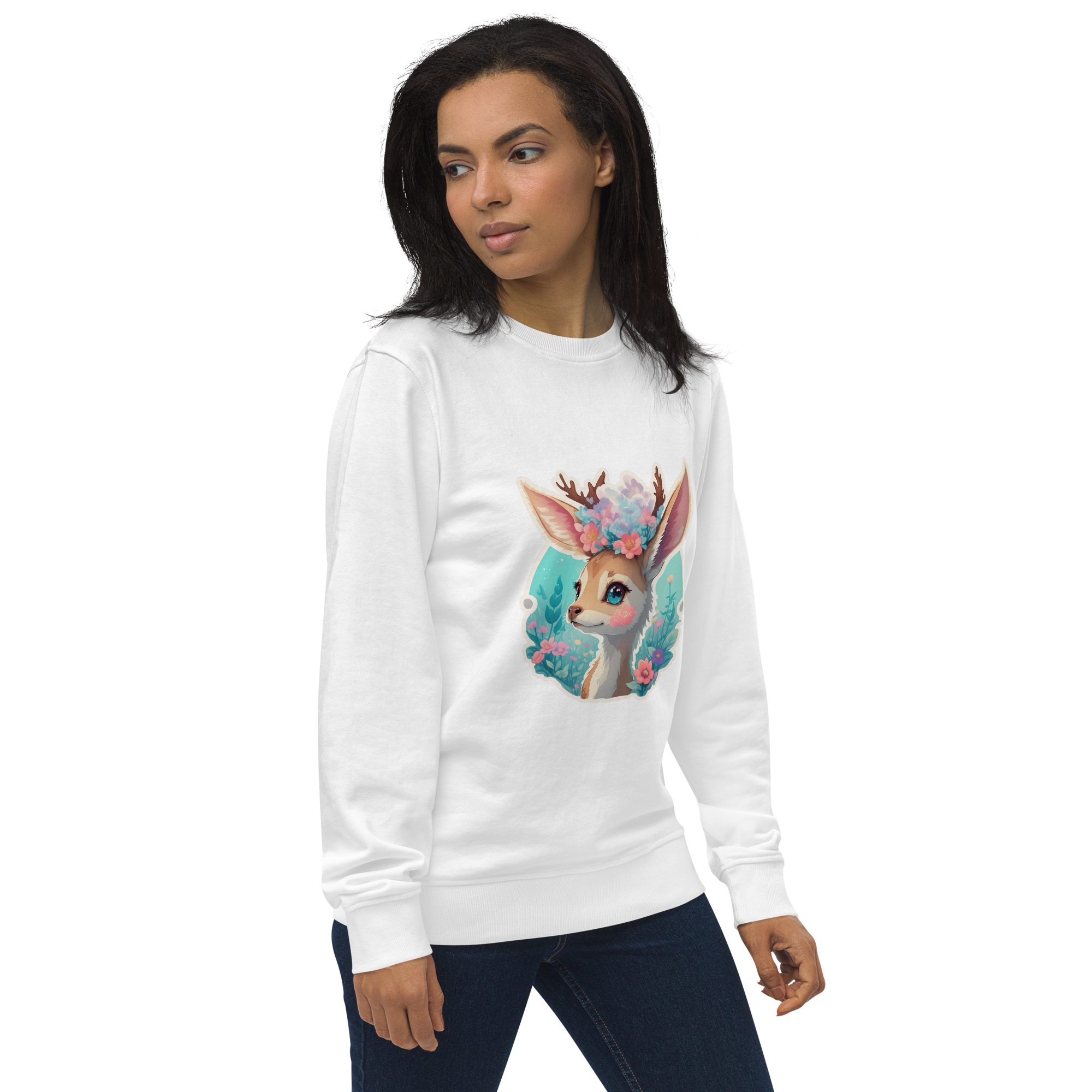 Adorit's Adorable Fawn with Flowers Unisex white organic sweatshirt - right front