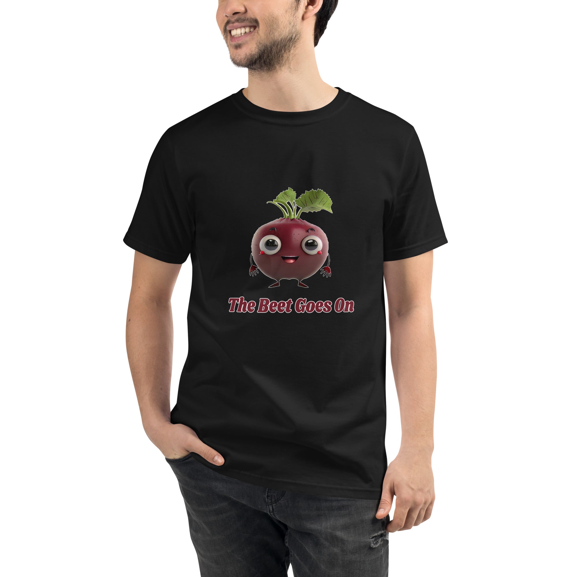 Adorit's The Beet Goes On 100% Organic Unisex Black T-Shirt - front | By PhilanthroBit