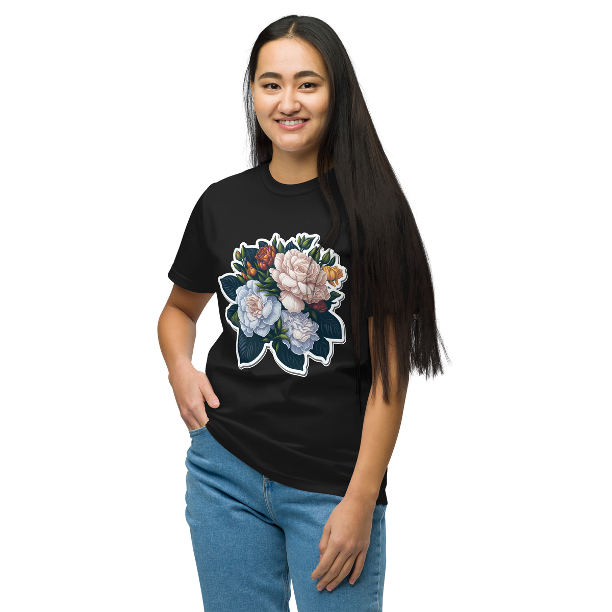 Adorit's Gardenias Bouquet 100% Organic Black Unisex T-Shirt - front | By PhilanthroBit