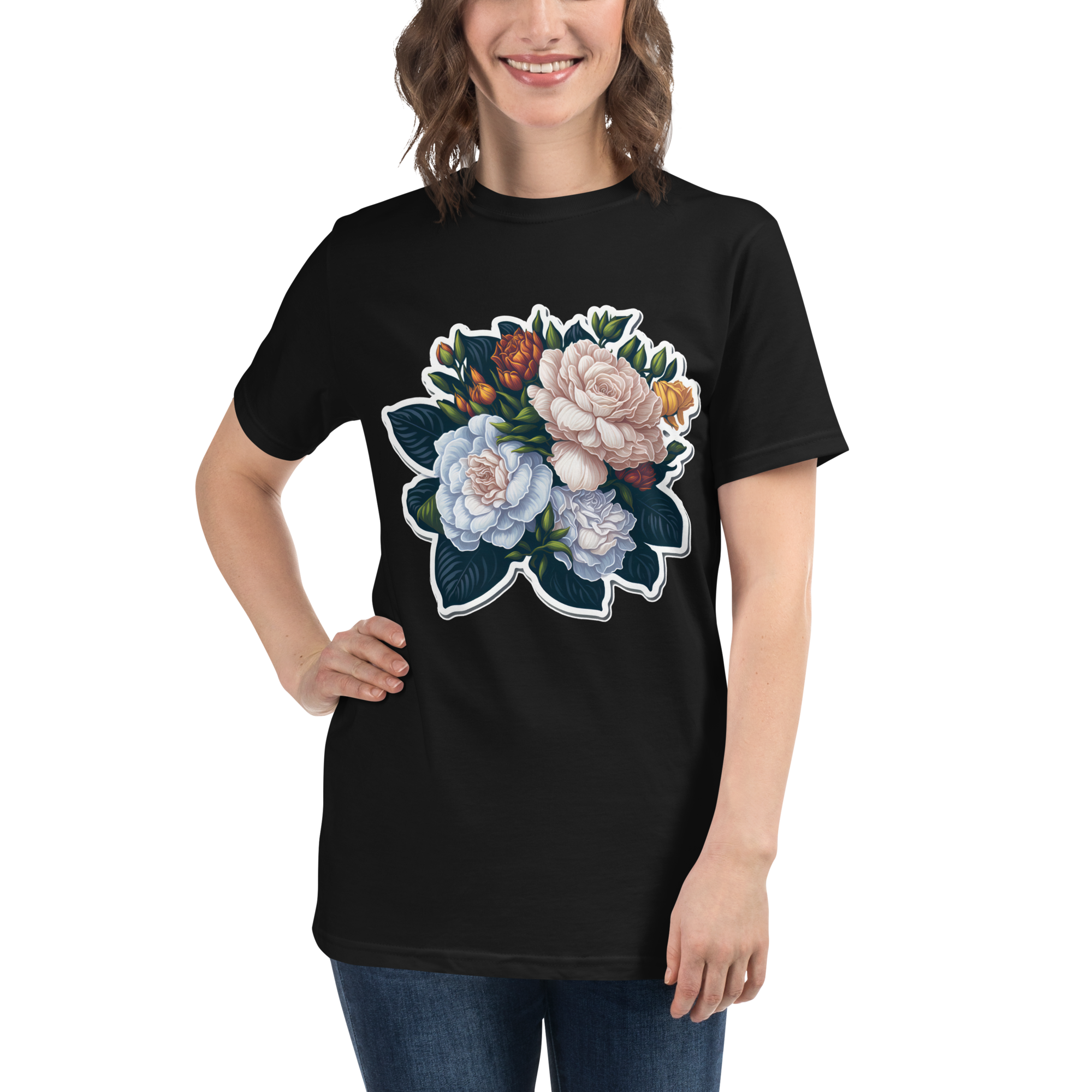 Adorit's Gardenias Bouquet 100% Organic Black Unisex T-Shirt Front 2 | By PhilanthroBit