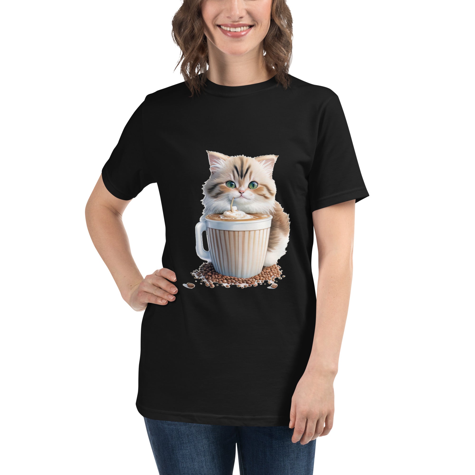 Adorit's Adorable Kitten Drinking Coffee 100% Organic Black T-Shirt - lady 1 | By PhilanthroBit