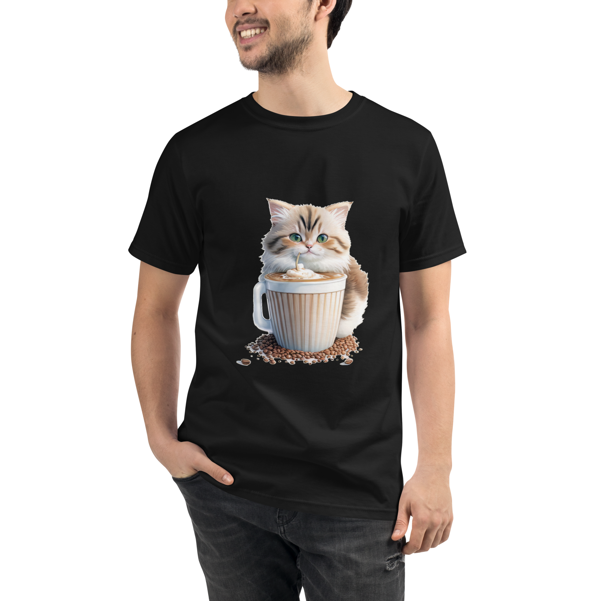 Adorit's Adorable Kitten Drinking Coffee 100% Organic Black T-Shirt - man 1 | By PhilanthroBit