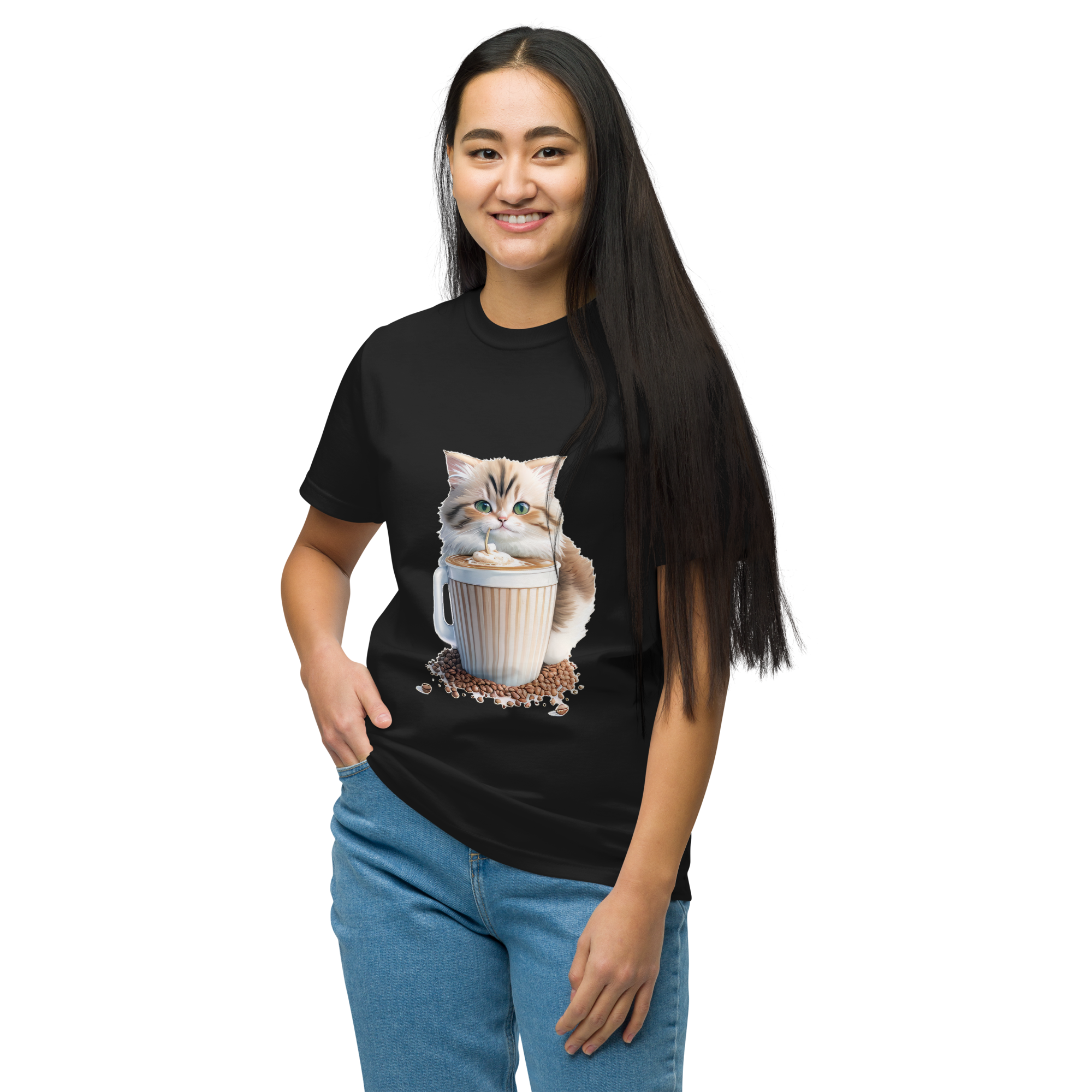 Adorit's Adorable Kitten Drinking Coffee 100% Organic Black T-Shirt - lady 2 | By PhilanthroBit