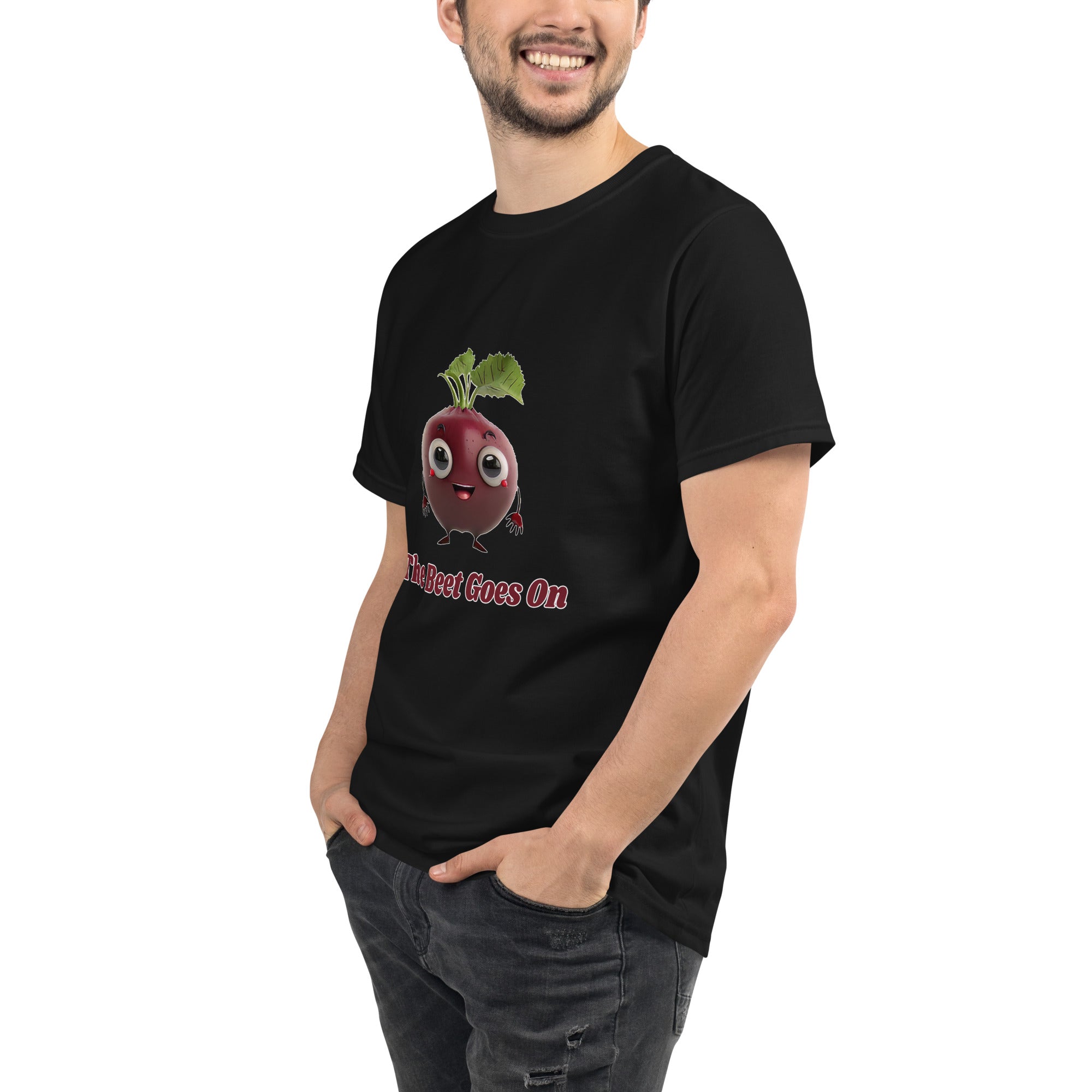 Adorit's The Beet Goes On 100% Organic Unisex Black T-Shirt - left front | By PhilanthroBit