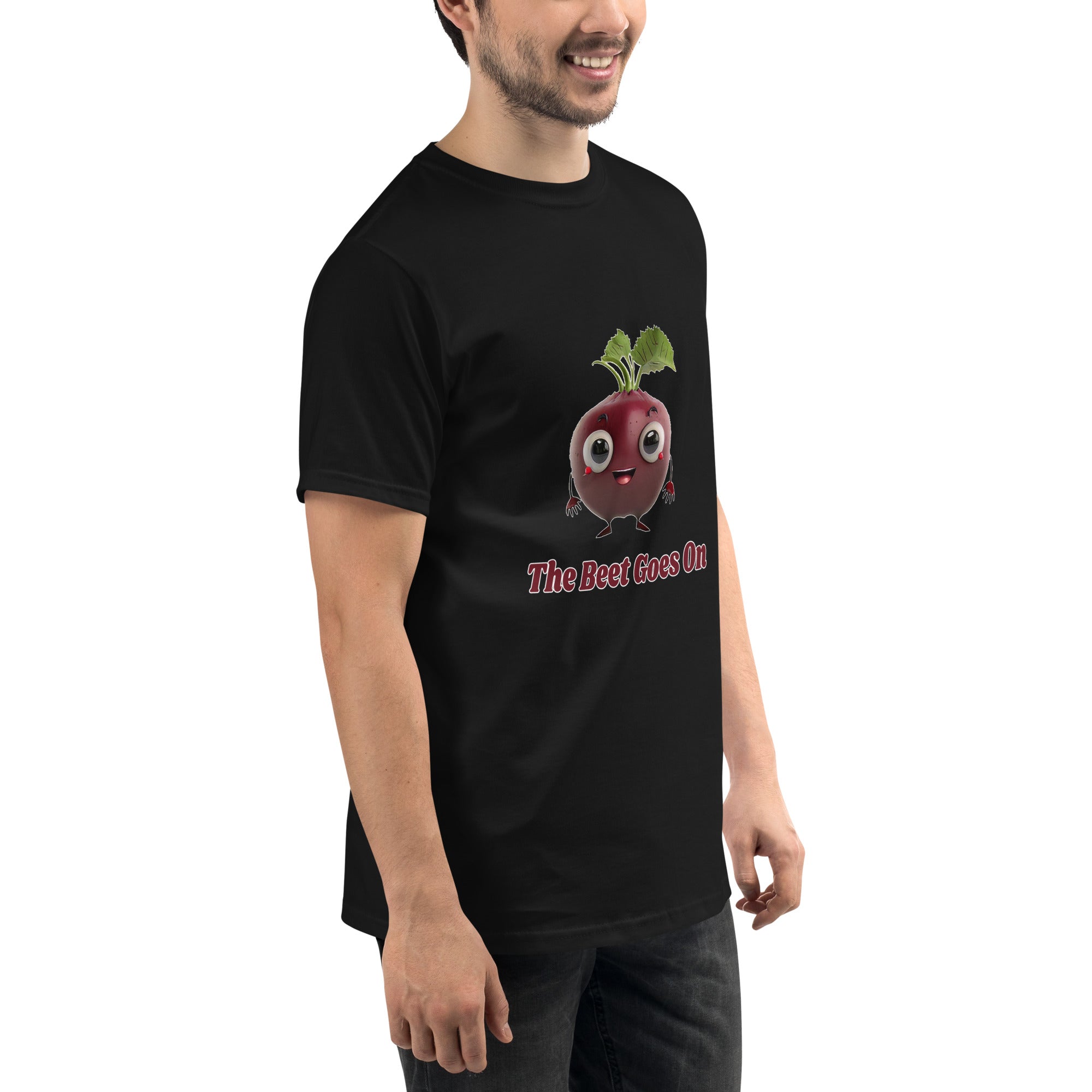 Adorit's The Beet Goes On 100% Organic Unisex Black T-Shirt - right front | By PhilanthroBit