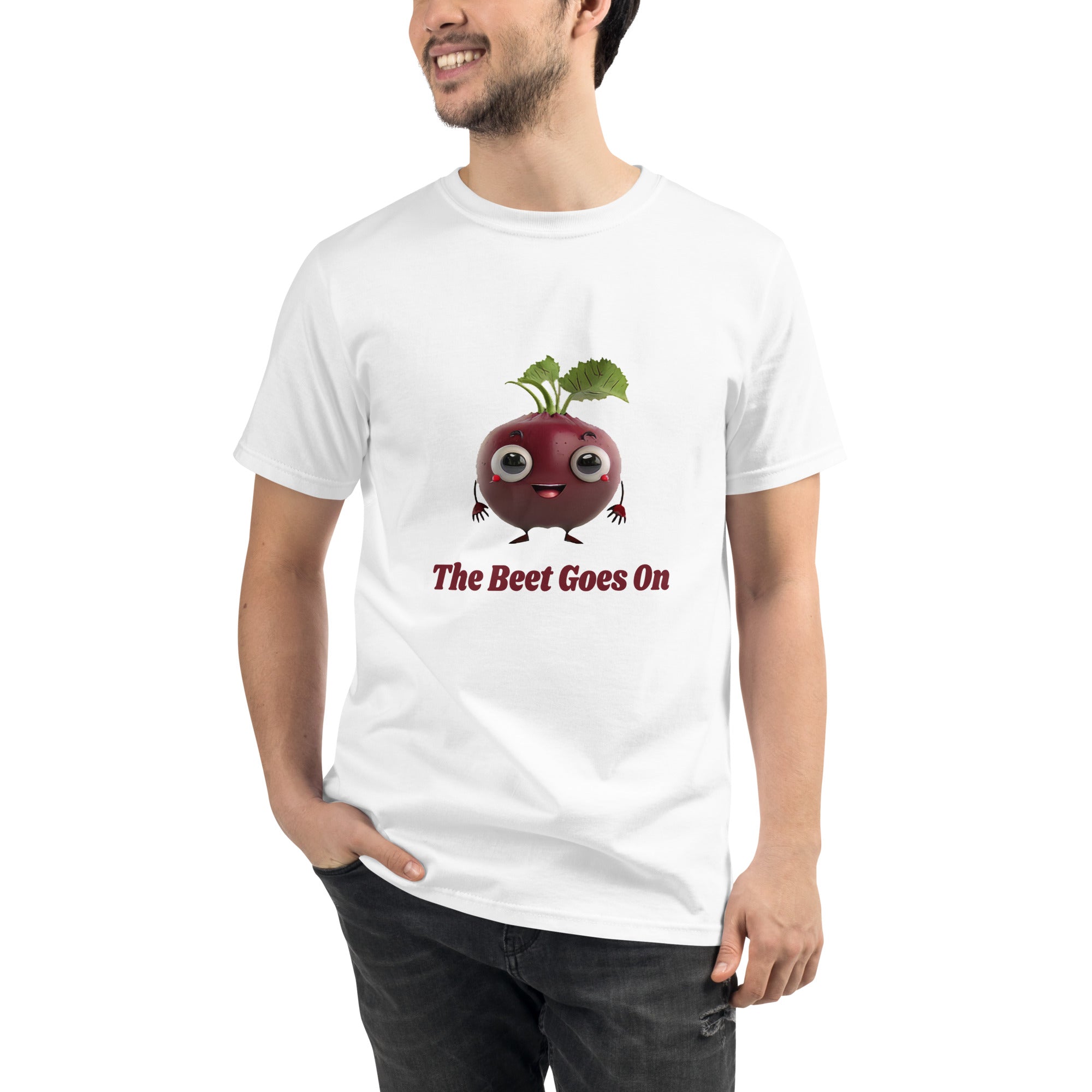 Adorit's The Beet Goes On 100% Organic Unisex White T-Shirt - front | By PhilanthroBit