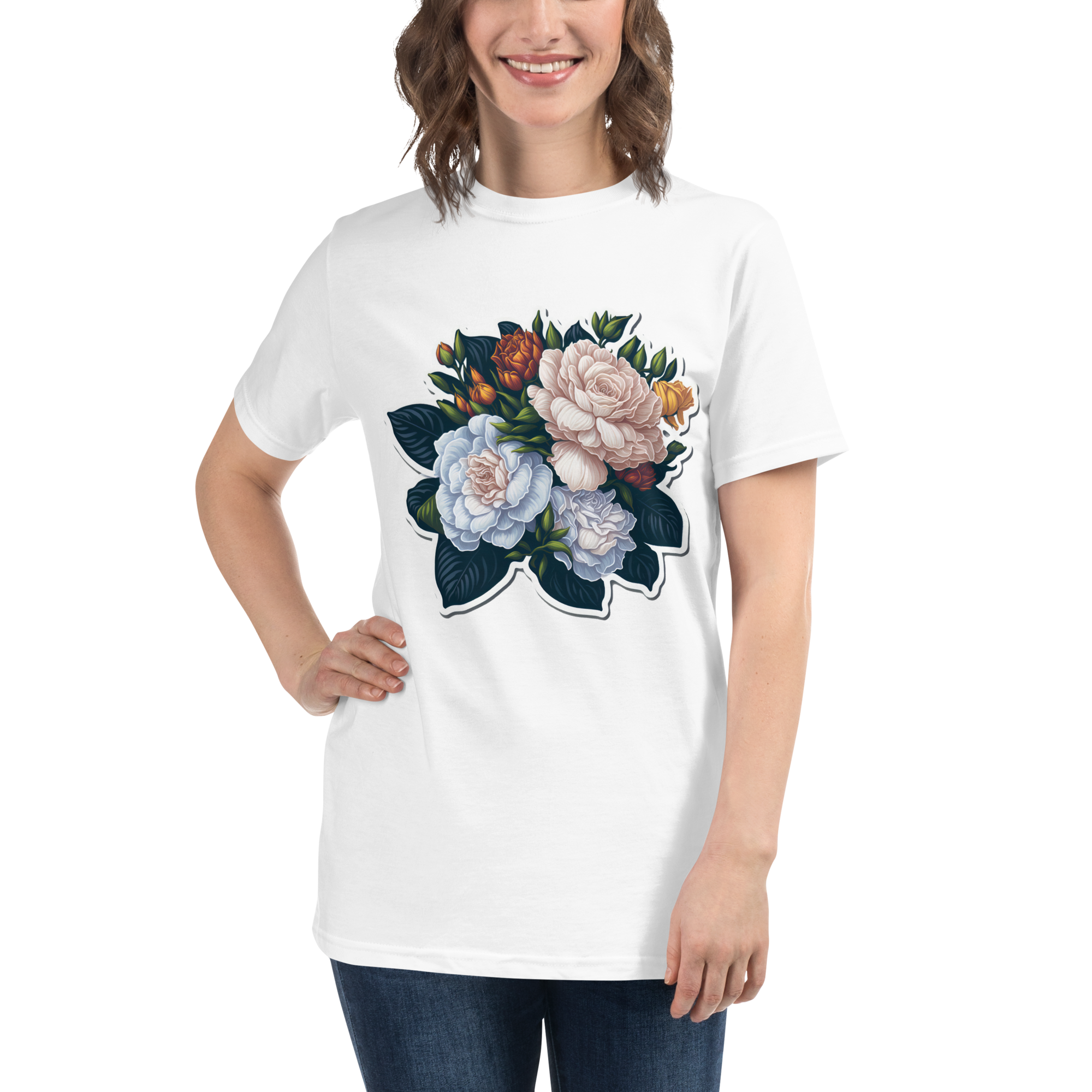 Adorit's Gardenias Bouquet 100% Organic White Unisex T-Shirt Front 2 | By PhilanthroBit