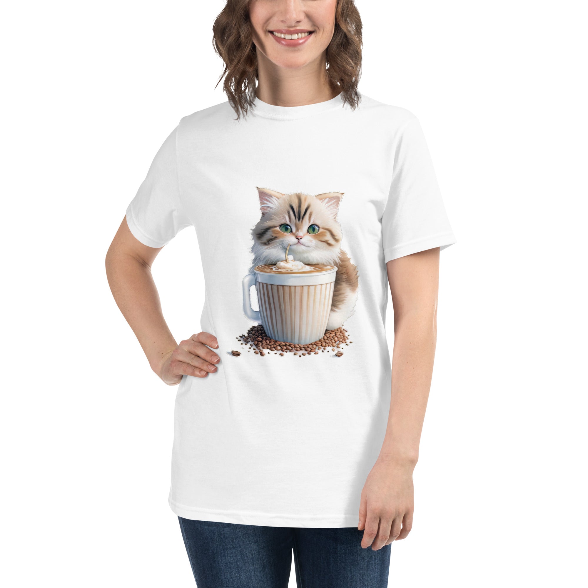 Adorit's Adorable Kitten Drinking Coffee 100% Organic White T-Shirt - lady 1 | By PhilanthroBit