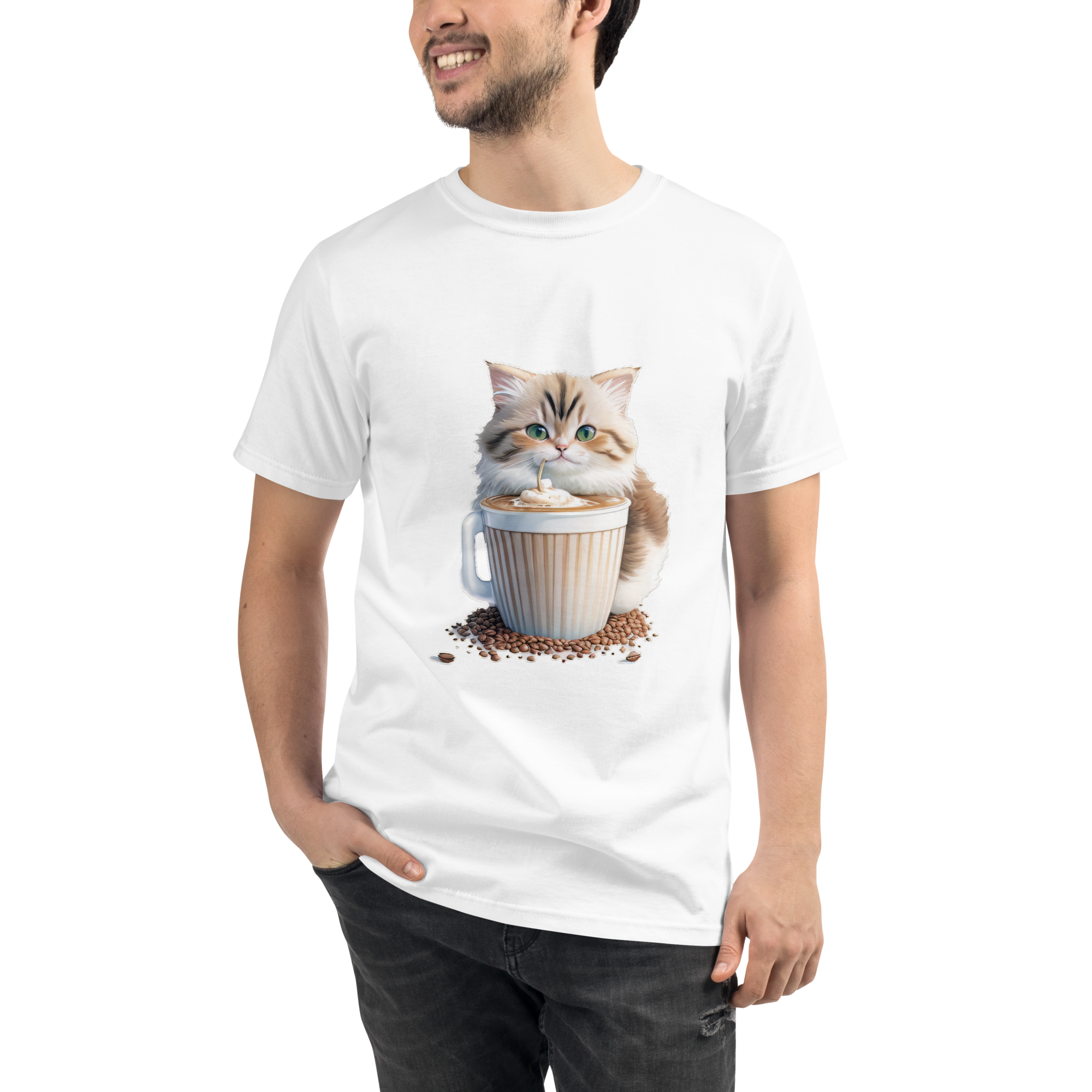 Adorit's Adorable Kitten Drinking Coffee 100% Organic White T-Shirt - man 1 | By PhilanthroBit