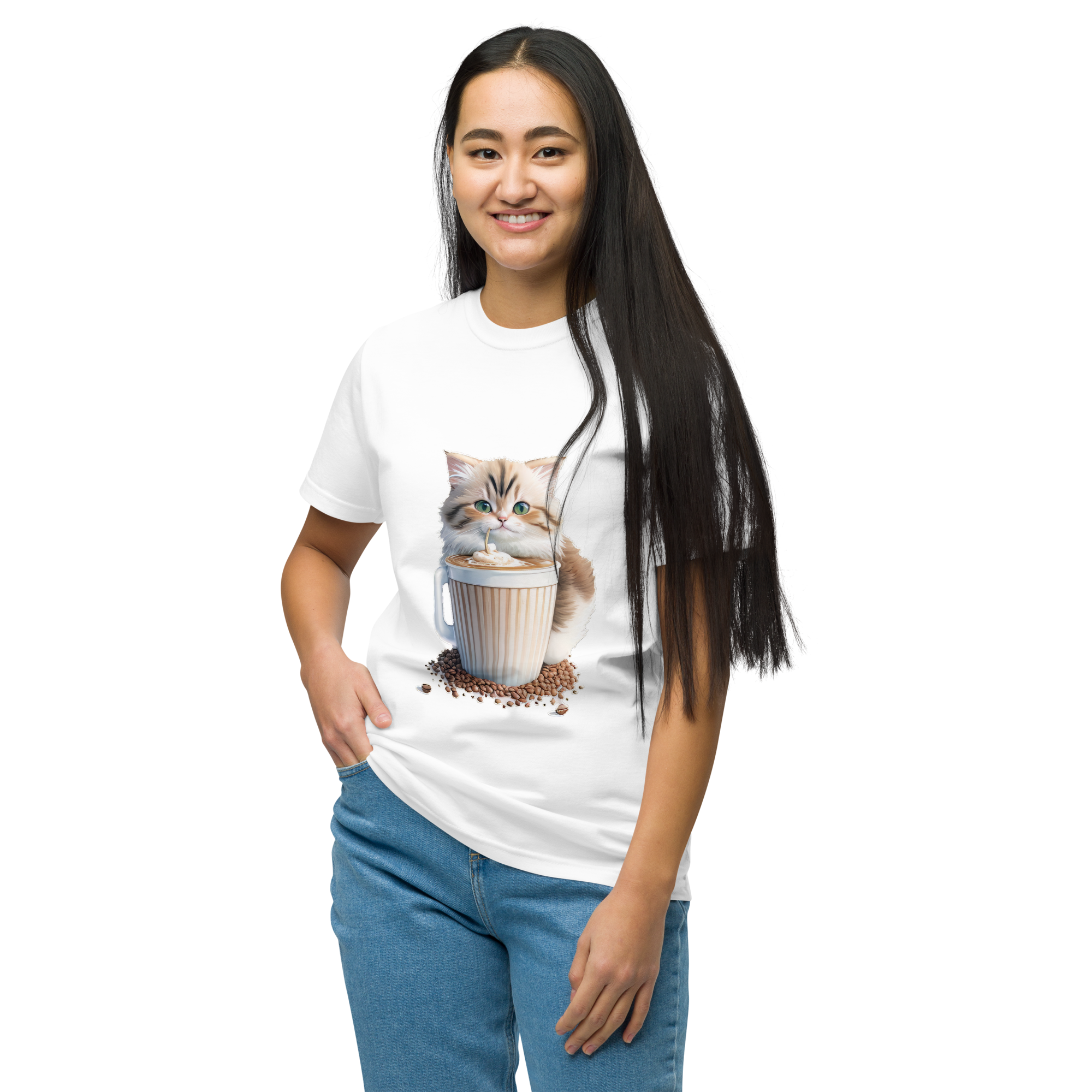 Adorit's Adorable Kitten Drinking Coffee 100% Organic White T-Shirt - lady 2 | By PhilanthroBit