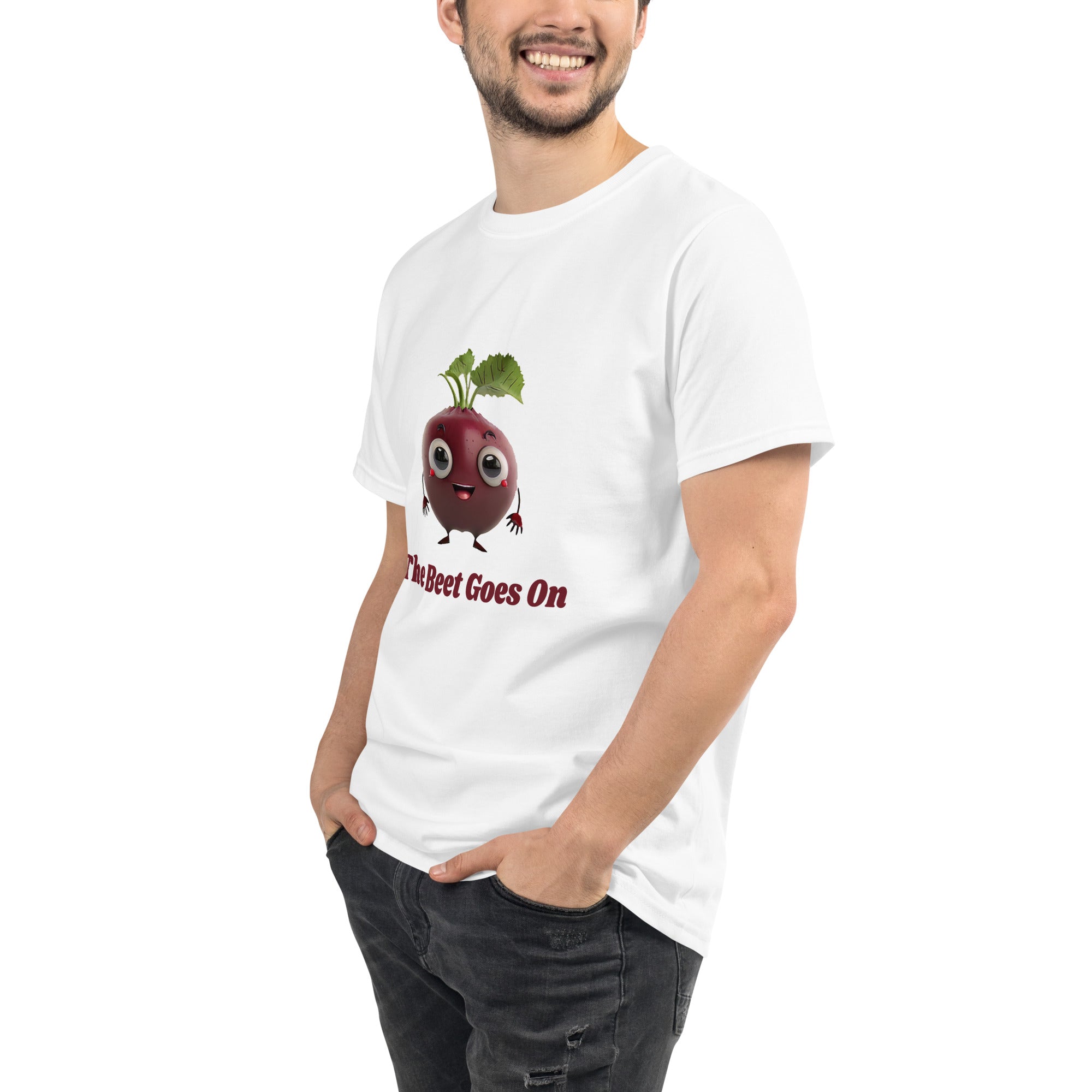 Adorit's The Beet Goes On 100% Organic Unisex White T-Shirt - left front | By PhilanthroBit