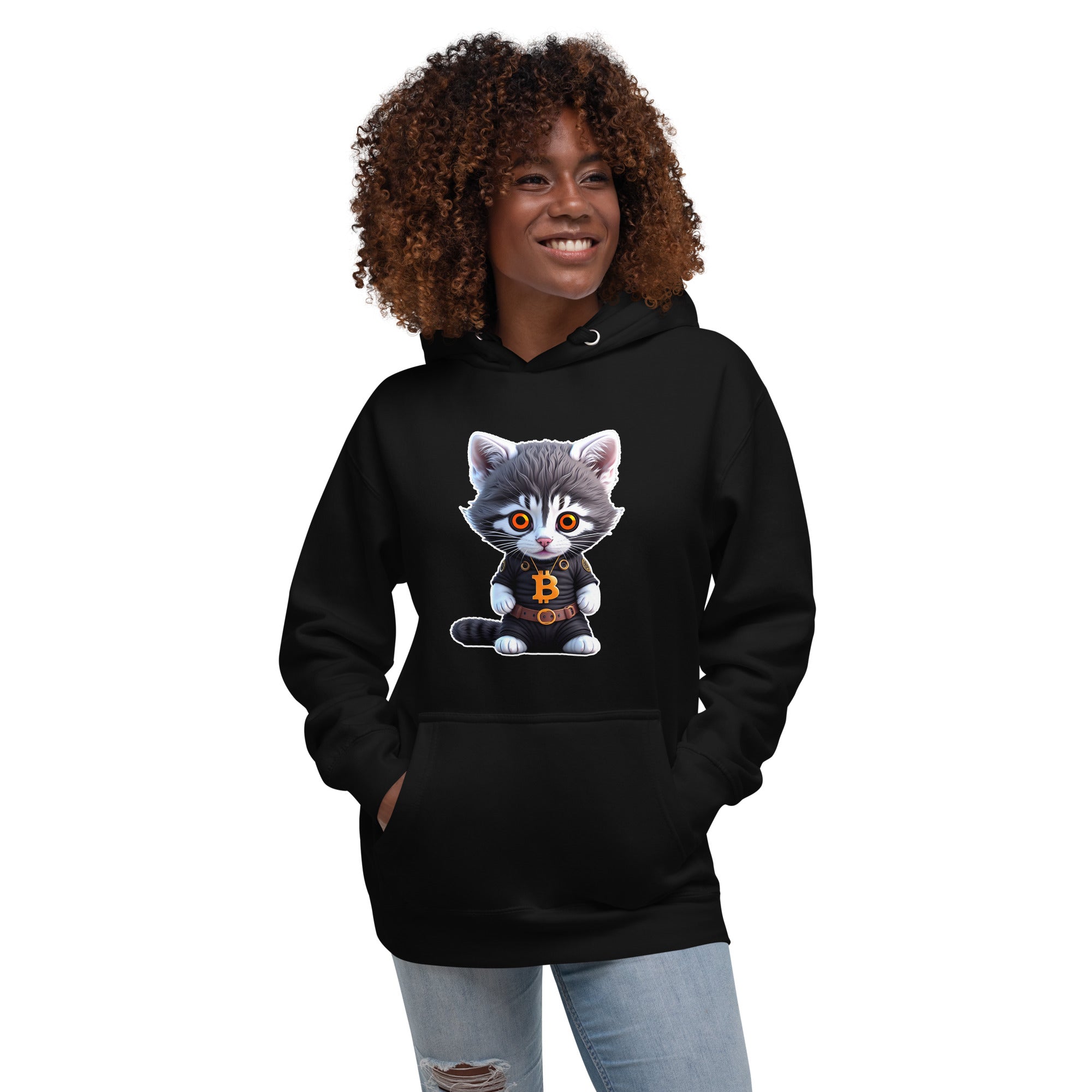 PhilanthroBit's Cool Bitcoin Cat Black Unisex Hoodie - woman