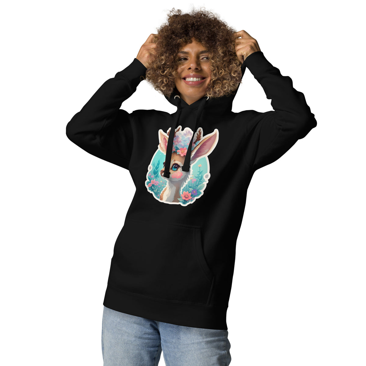 PhilanthroBit's Adorable Fawn Black Unisex Premium Hoodie - front