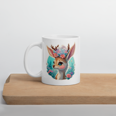 Adorit's Adorable Fawn (deer) with Flowers White glossy 11oz & 15oz mug | By PhilanthroBit