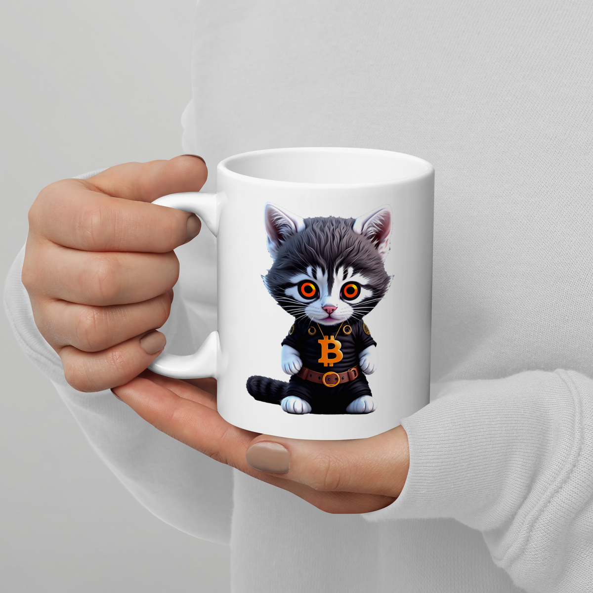 PhilanthroBit's Cool Bitcoin Cat 11oz White glossy mug held in hand