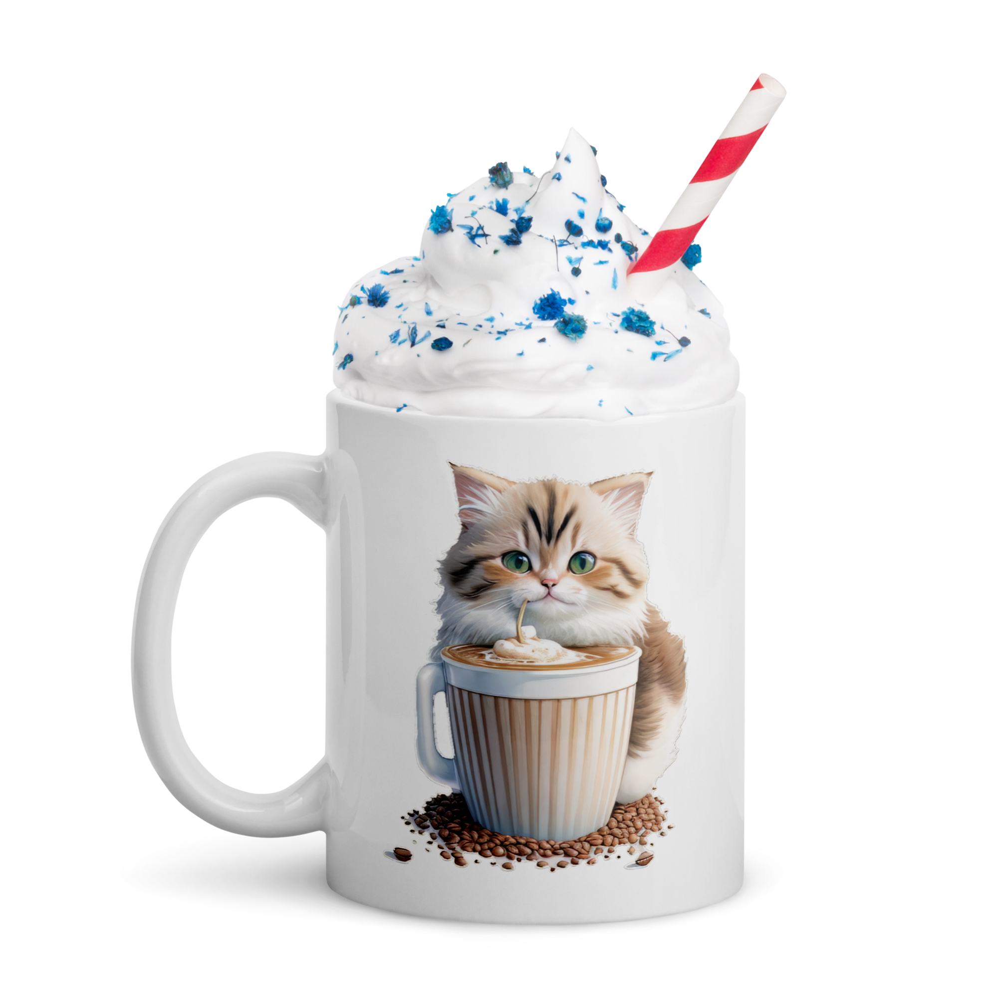 Adorit's Adorable Kitten Drinking Coffee 11oz White glossy mug with cream | By PhilanthroBit