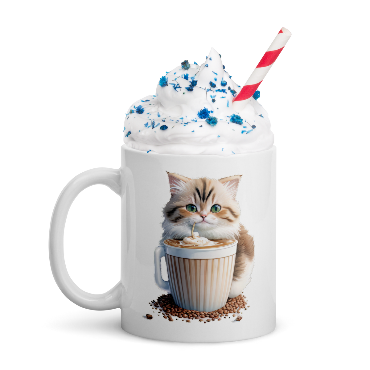 Adorit's Adorable Kitten Drinking Coffee 11oz White glossy mug with cream | By PhilanthroBit