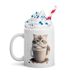 Adorit's Adorable Kitten Drinking Coffee 11oz White glossy mug with cream | By PhilanthroBit