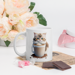 Adorit's Adorable Kitten Drinking Coffee 11oz White glossy mug with chocolate | By PhilanthroBit