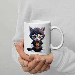 PhilanthroBit's Cool Bitcoin Cat 11oz White glossy mug handle on right