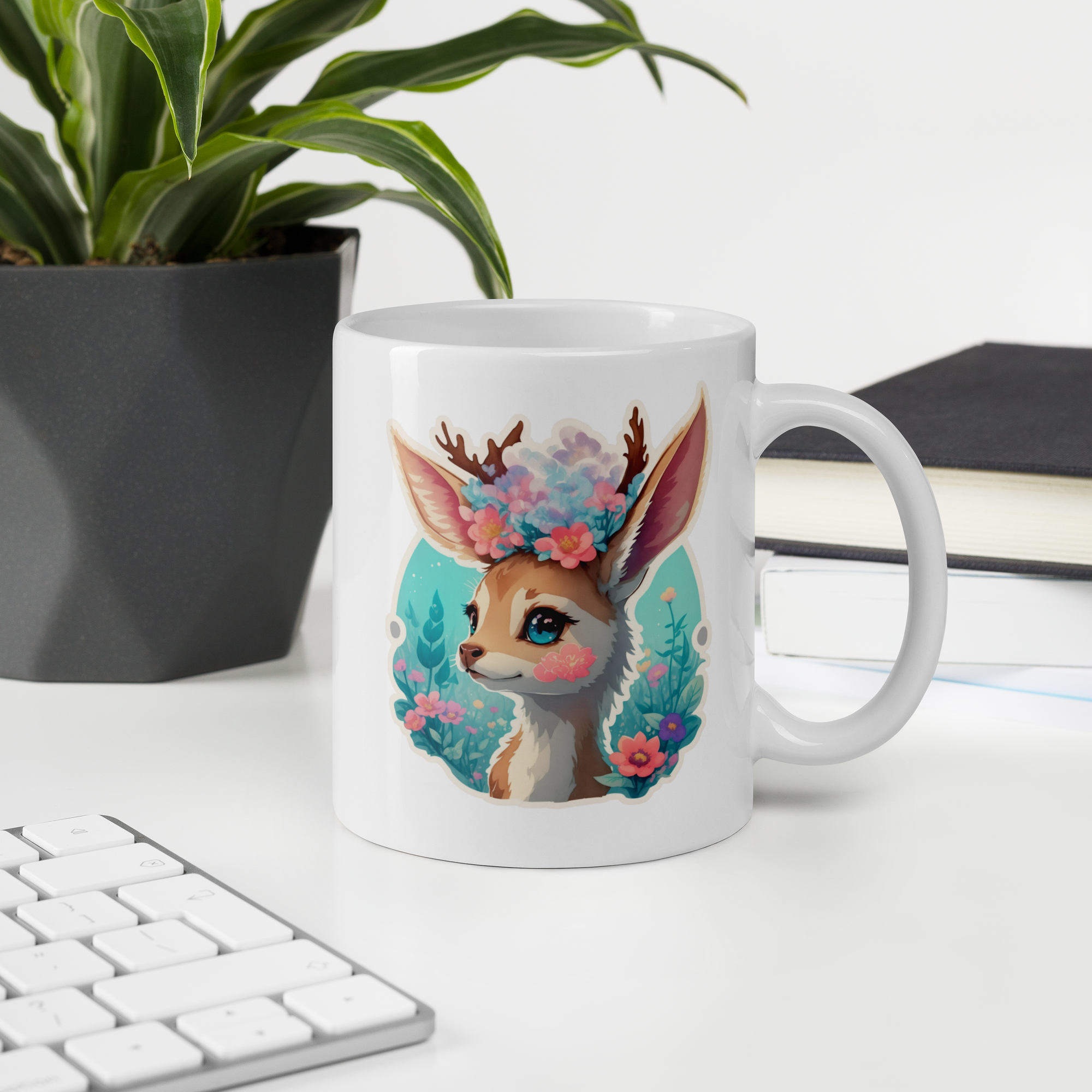 Adorit's Adorable Fawn (deer) with Flowers White glossy 11oz & 15oz mug | By PhilanthroBit