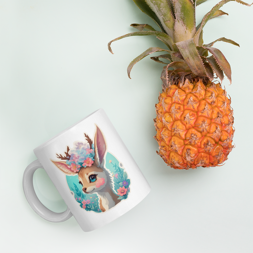 Adorit's Adorable Fawn (deer) with Flowers White glossy 11oz & 15oz mug | By PhilanthroBit