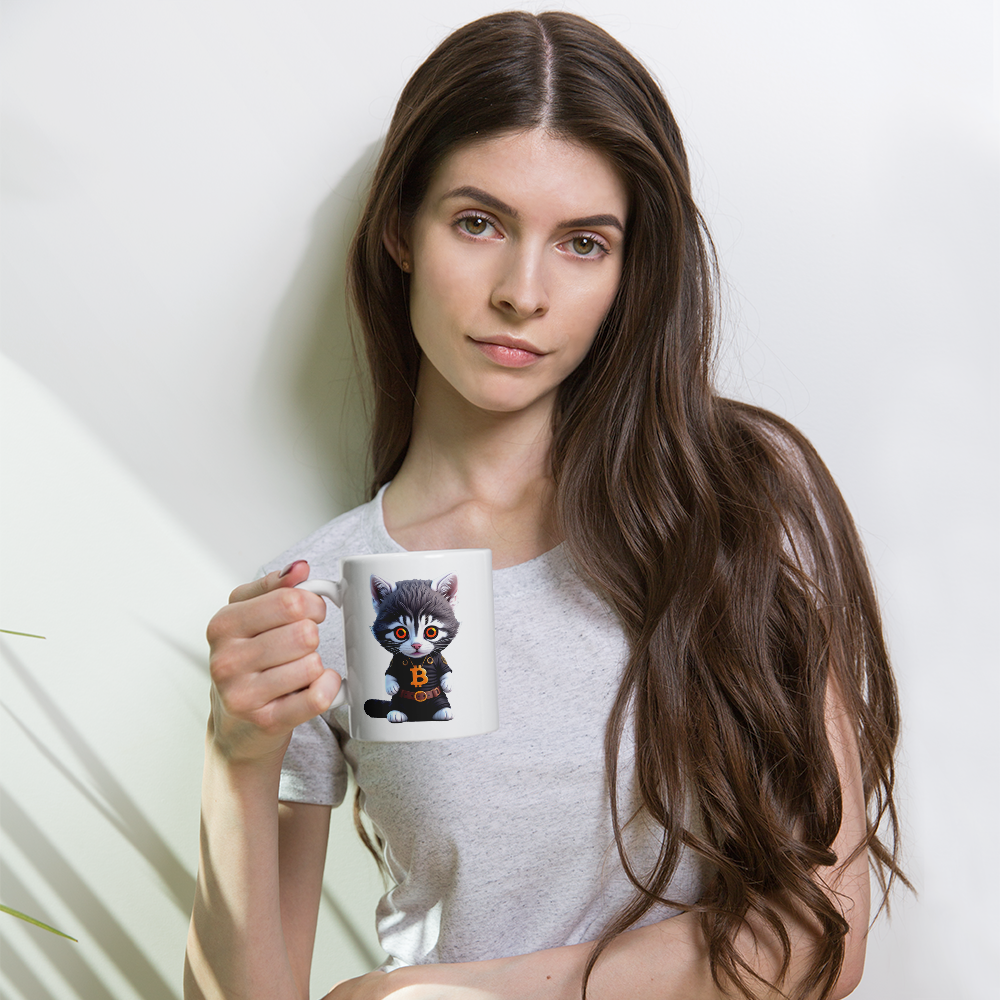 PhilanthroBit's Cool Bitcoin Cat 11oz White glossy mug - woman